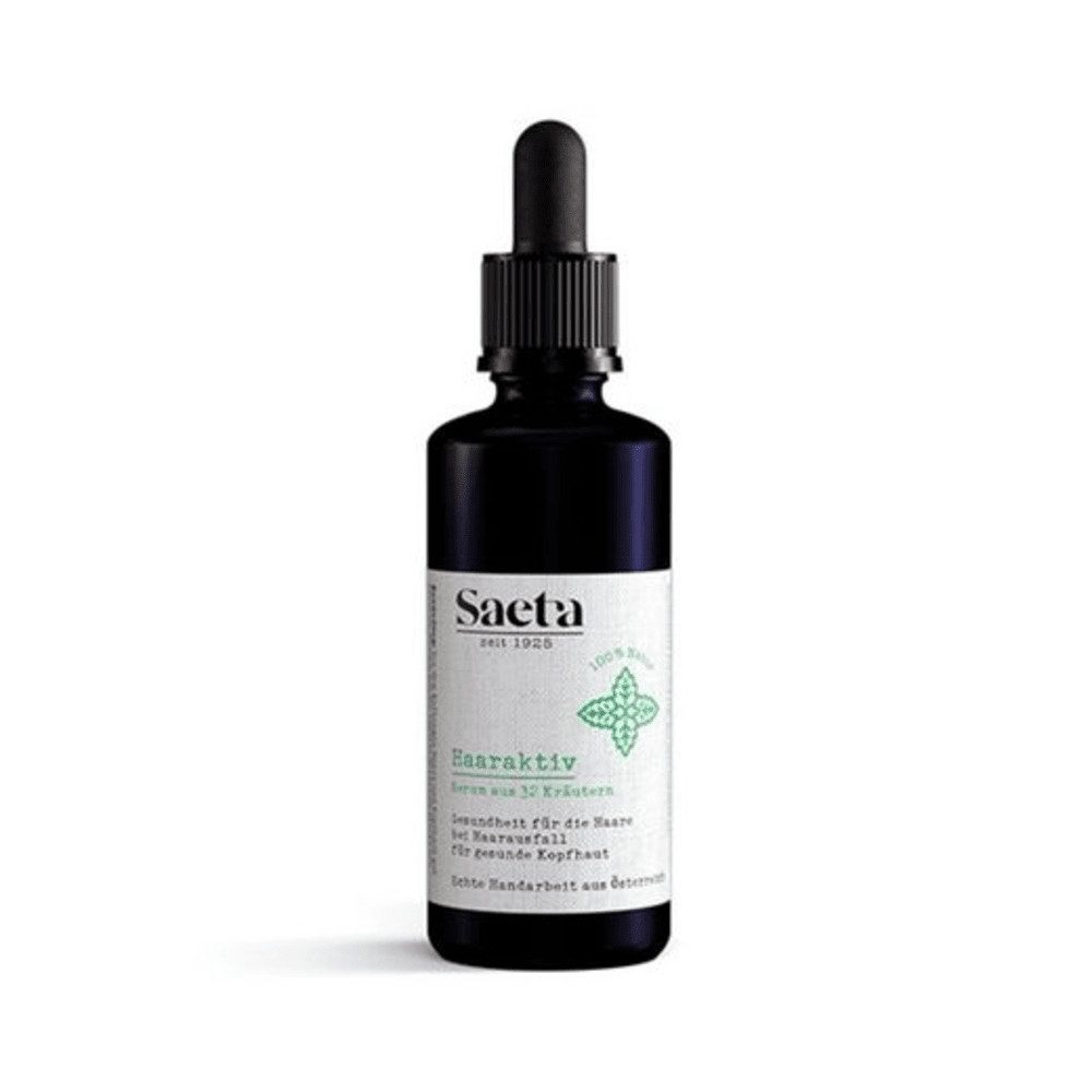 Saeta Haarkosmetik Haarserum Haaraktiv - Hilft bei Haarausfall, Schuppen und Haarproblemen, 1 Violettglas mit Pipette, 50 ml Serum aus 32 Kräutern