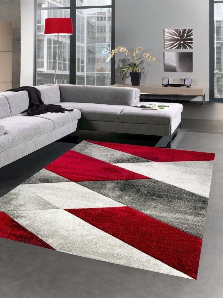Teppich Moderner Teppich Kurzflor Wohnzimmerteppich karo abstrakt rot,  Carpetia, rechteckig, Höhe: 13 mm