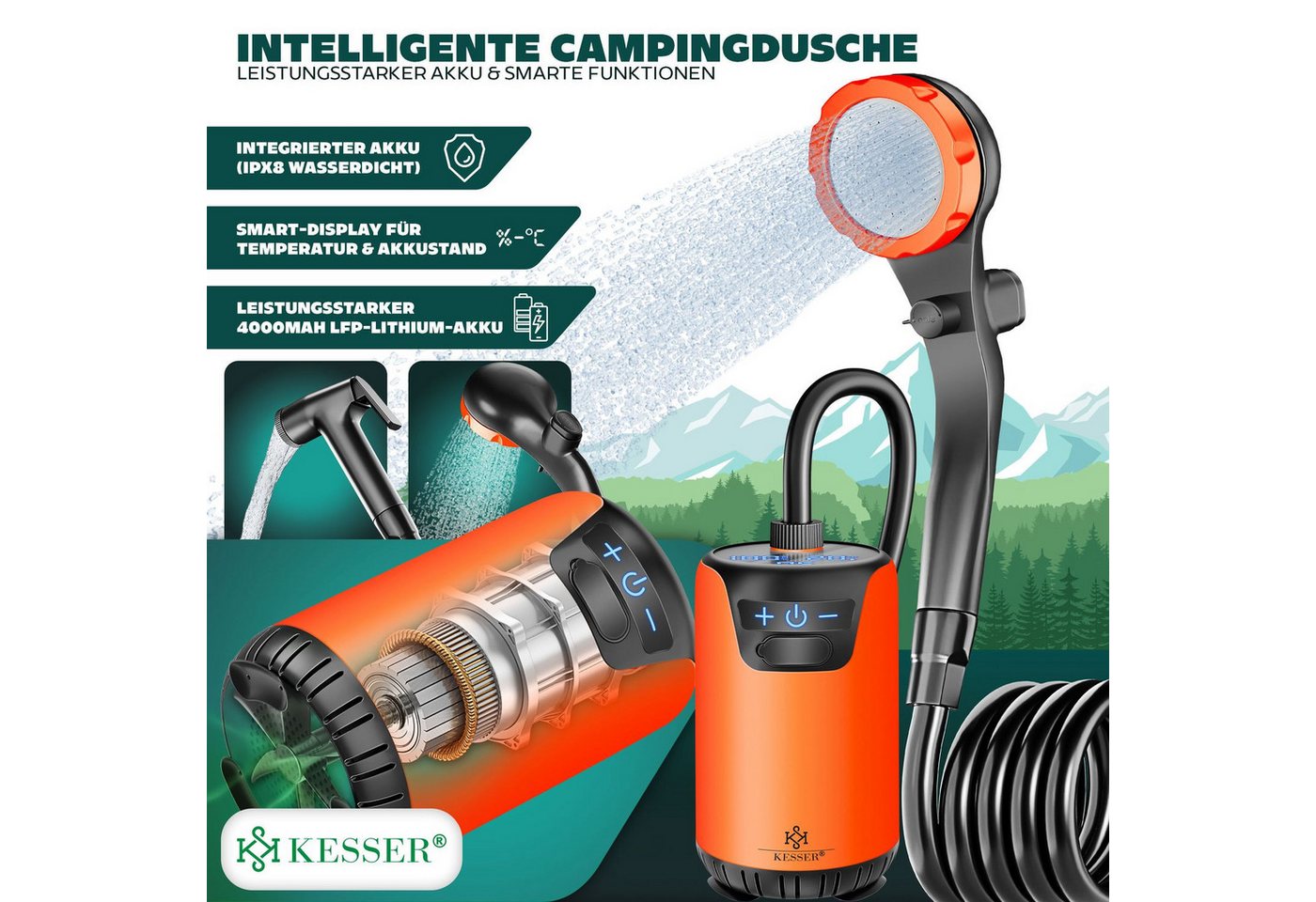 Thumbnail - KESSER Gartendusche Campingdusche mit Pumpe & wiederaufladbarem Akku 4000mAh (Mobile Dusche inkl. Duschkopf, 2m Schlauch...