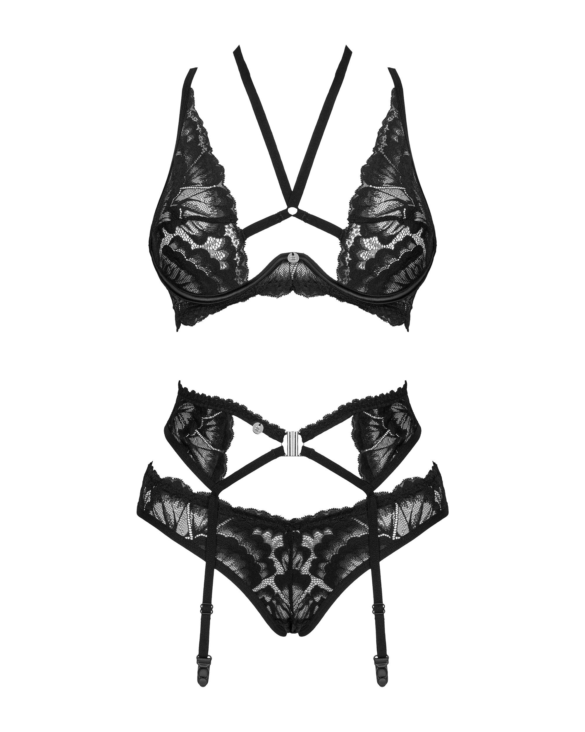 3tlg. Dessous Set schwarz mit Riemchen