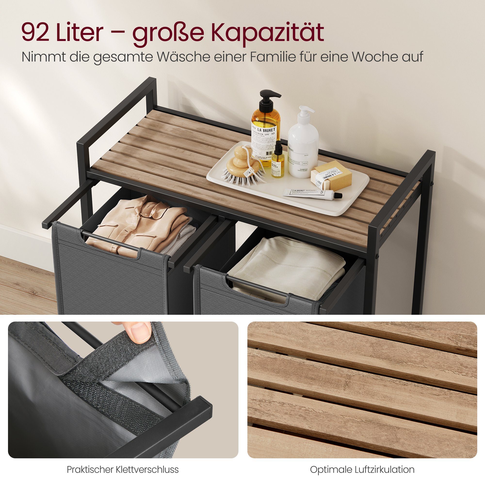 VASAGLE Wäschekorb 2 Wäschesäcke aus Oxford-Gewebe, abnehmbar, 2 Wäschesäcke aus Oxford-Gewebe, abnehmbar, 2 x 46 L – Bild 4 von 5