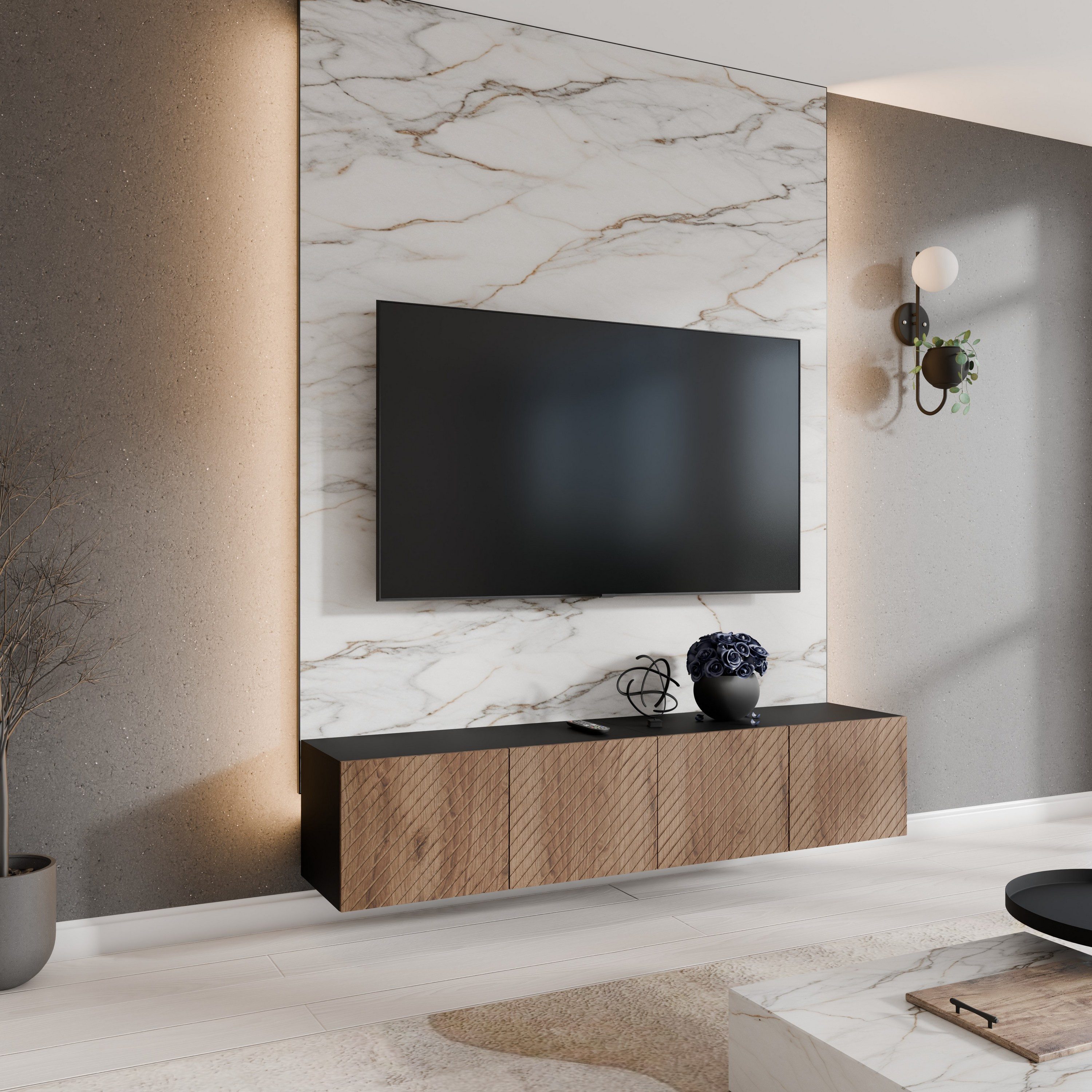 Masseno Lowboard CAVA 200 cm TV-Schrank mit 4 Türen Schwarz