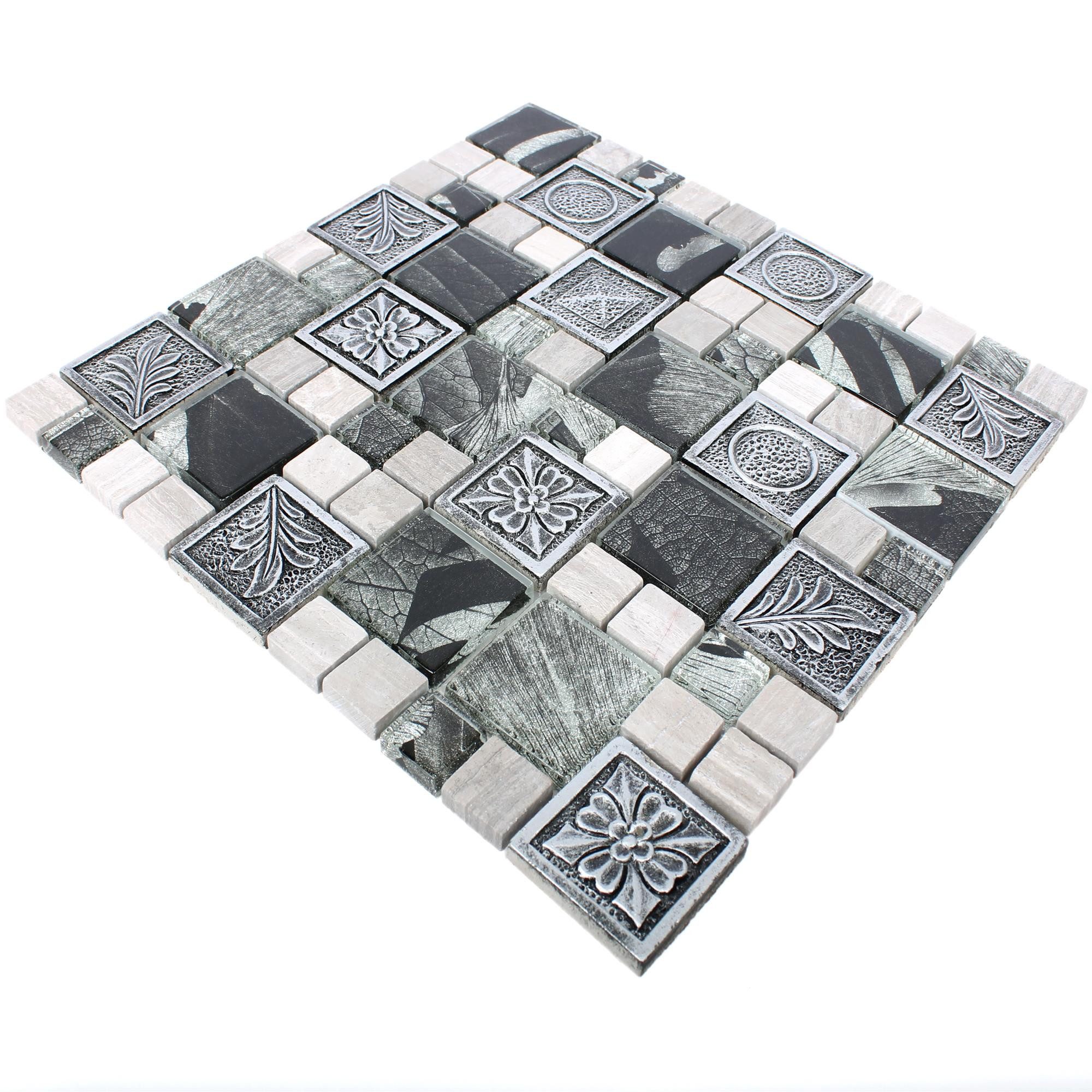 Mosafil Mosaikfliesen Mosaikfliesen Levanzo Glas Resin Ornament Mix, Naturstein-Resin-Glas 30.000x30.000, schwarz-grau-silber, Verlegefertig auf ein Netz geklebt