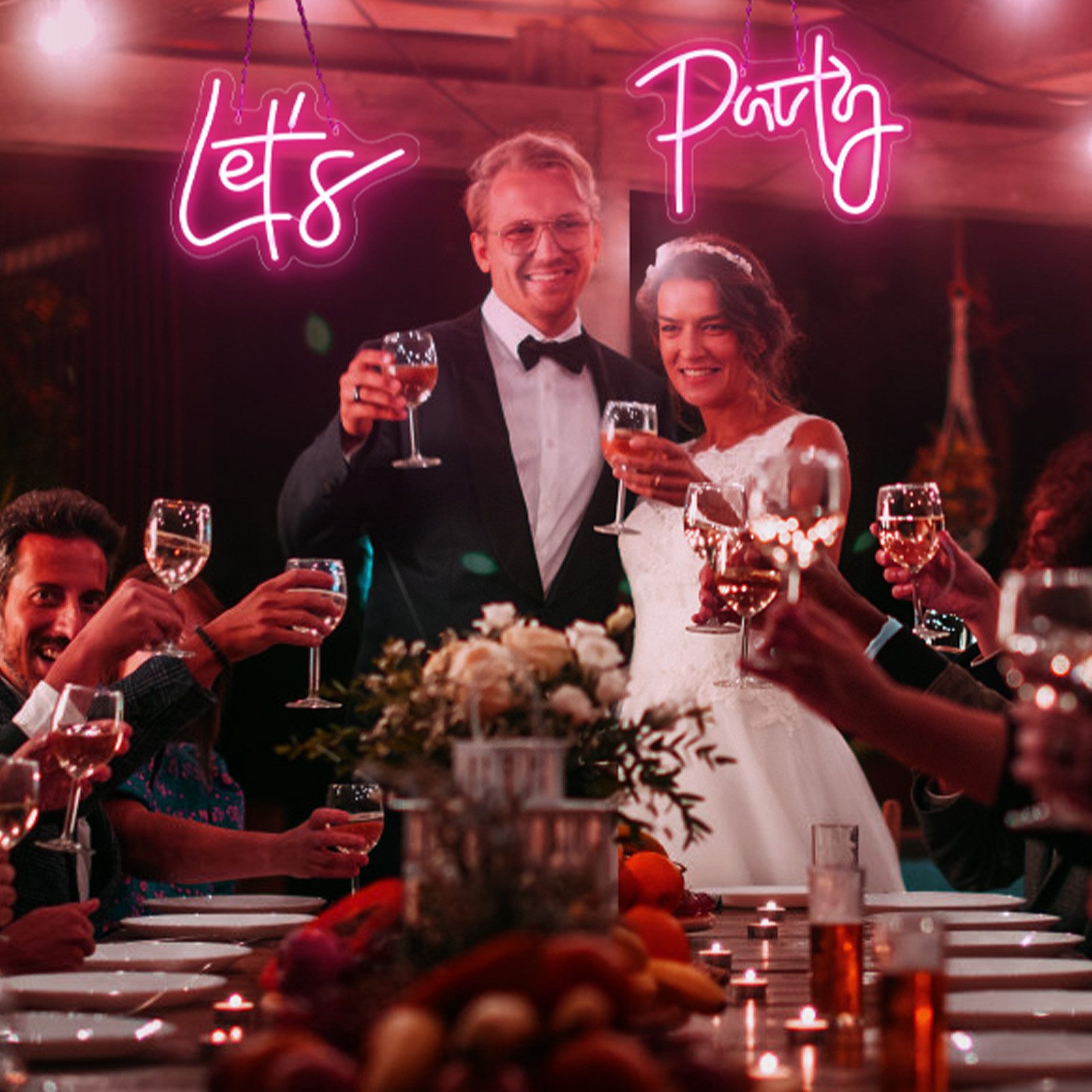 MUPOO Dekolicht LED Dekolicht,Let's Party Neon Schilder Dimmbar,Zwei-Pack, LED Rosa Neonlicht,für Verlobungsfeier,Hochzeit,Party,Hausbar