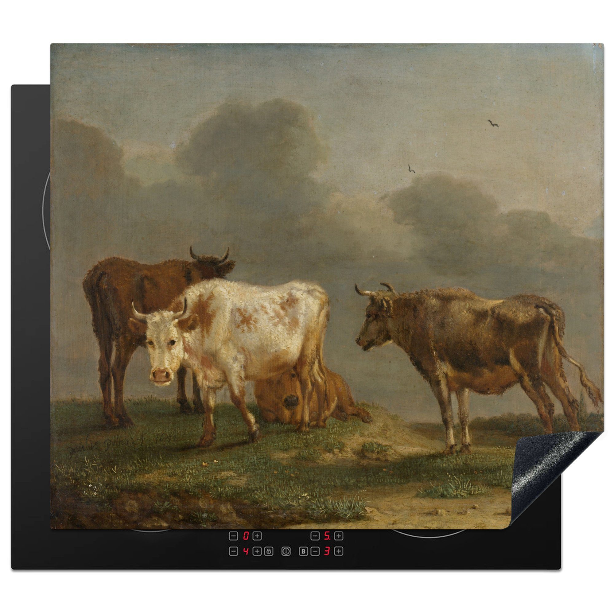 MuchoWow Herdblende-/Abdeckplatte Vier junge Stiere auf der Wiese - Gemälde von Paulus Potter, Vinyl, (1 tlg), 60x52 cm, Mobile Arbeitsfläche nutzbar, Ceranfeldabdeckung