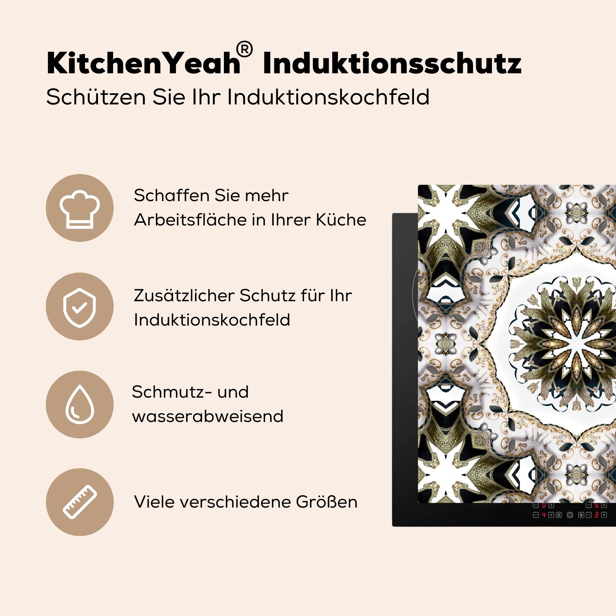 MuchoWow Herdblende-/Abdeckplatte tlg), und weißes küche cm, Mandala, Schwarzes Vinyl, (1 78x78 Ceranfeldabdeckung, für Arbeitsplatte