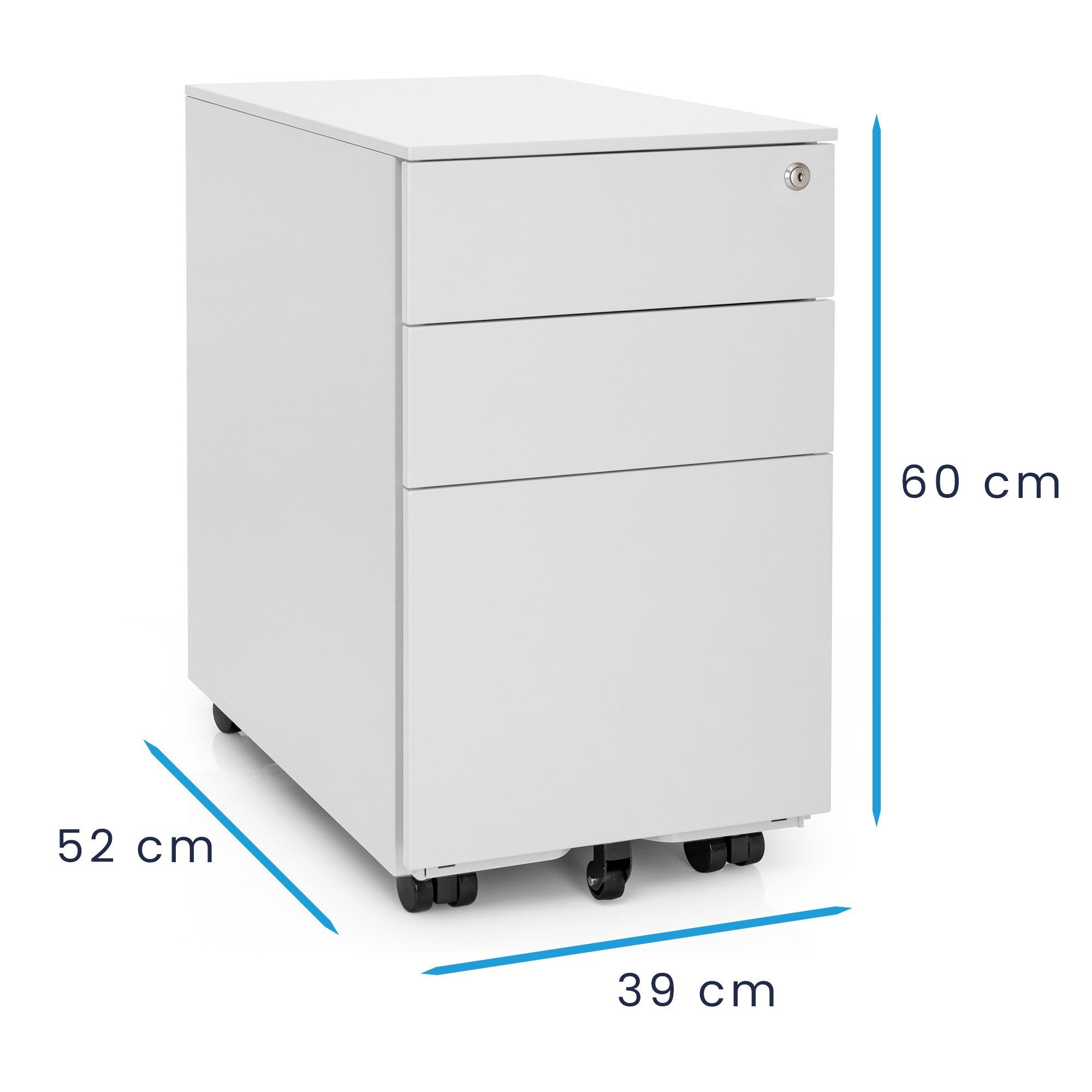 Ergotopia Rollcontainer mit 3 durch kaltgewalzten Schreibtischcontainer, Weiß abschließbar Stahl Schubladen Bürocontainer besonders robust