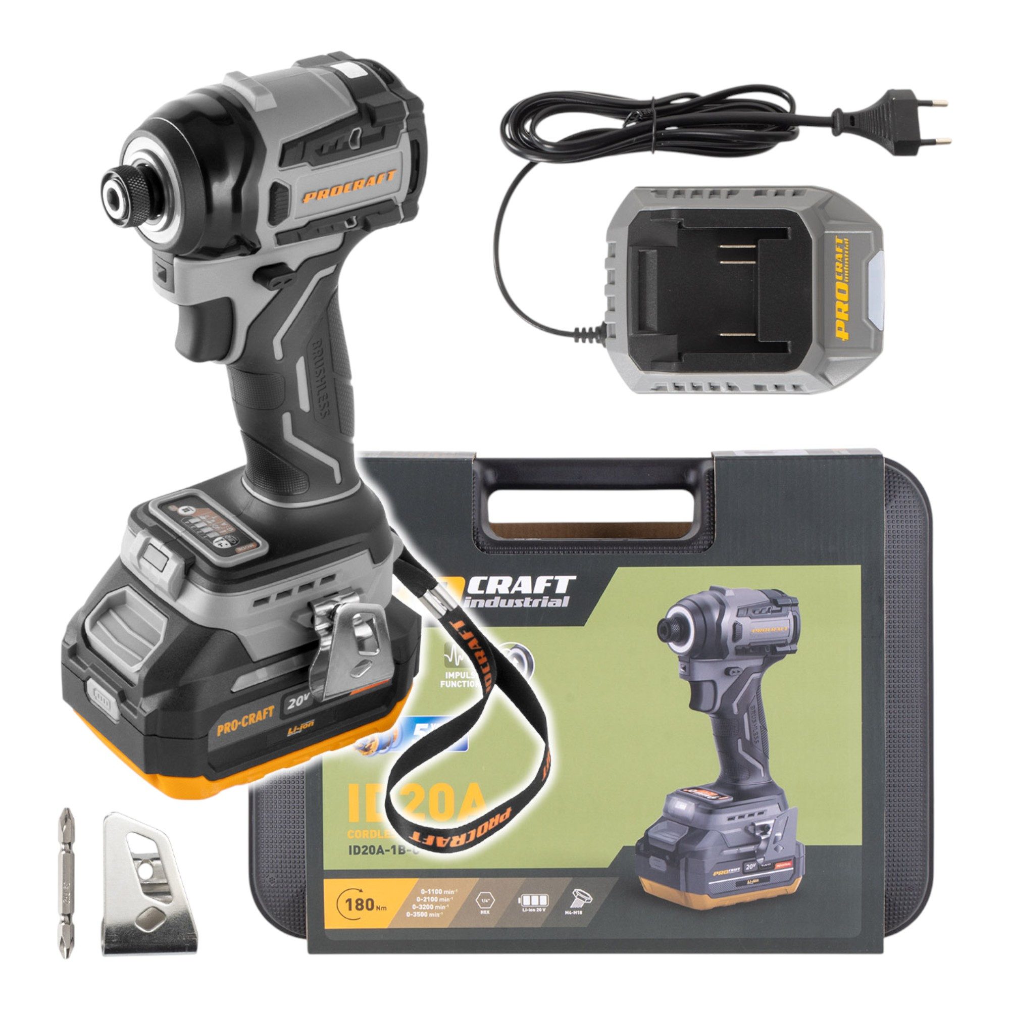 PROCRAFT industrial Akku-Schlagschrauber ID20A-1b 20 V 180 Nm 1/4" + 1x Akku 4,0 Ah + Ladegerät + Koffer