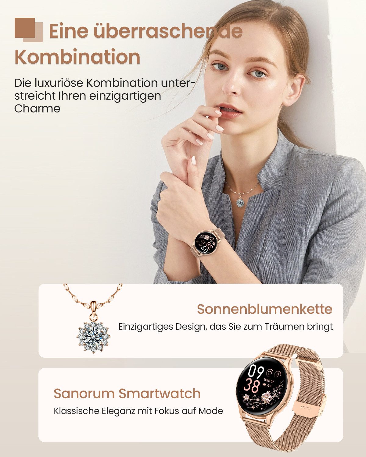 SWGOTA 2026 NEW Smartwatch Damen Fitnessuhr Damen mit Pulsuhr,SpO2,Blutdruck Smartwatch (3.23 cm) IP68 Smartwatch Damen rund mit Edle Halskette/120+ Sportmodi/Anrufe, Uhr Damen mit Schlafmonitor,Geschenk für Damen