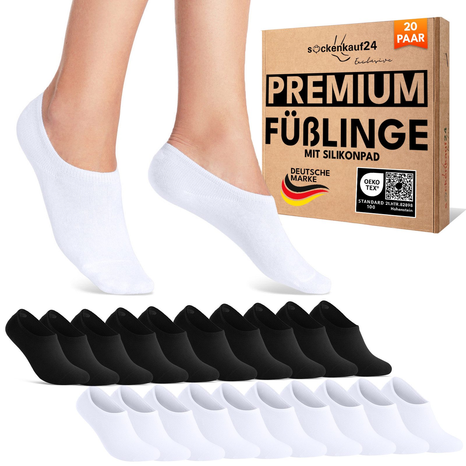 sockenkauf24 Füßlinge 10 Paar Premium Füßlinge Sneaker Socken Damen Herren Baumwolle (20-Paar) invisible Socks ohne Naht mit Silikonpad gegen Verrutschen - 70106T
