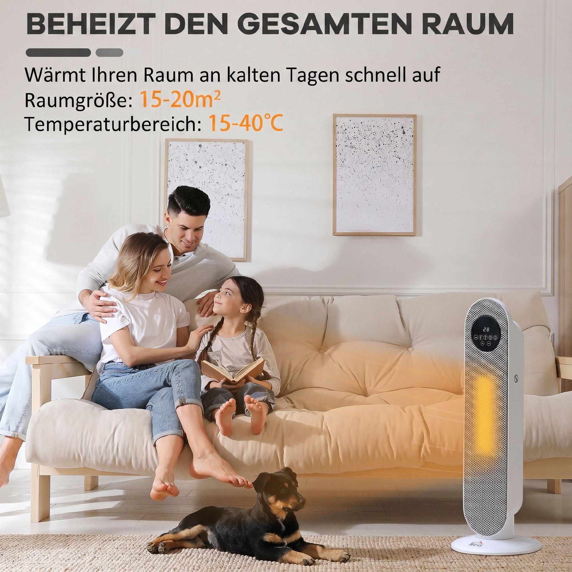HOMCOM Heizlüfter Turmheizlüfter PTC-Keramikheizung mit Fernbedienung, 2000 W, 45° Oszillation, Fernbedienung, 12h Timer – Bild 4 von 5