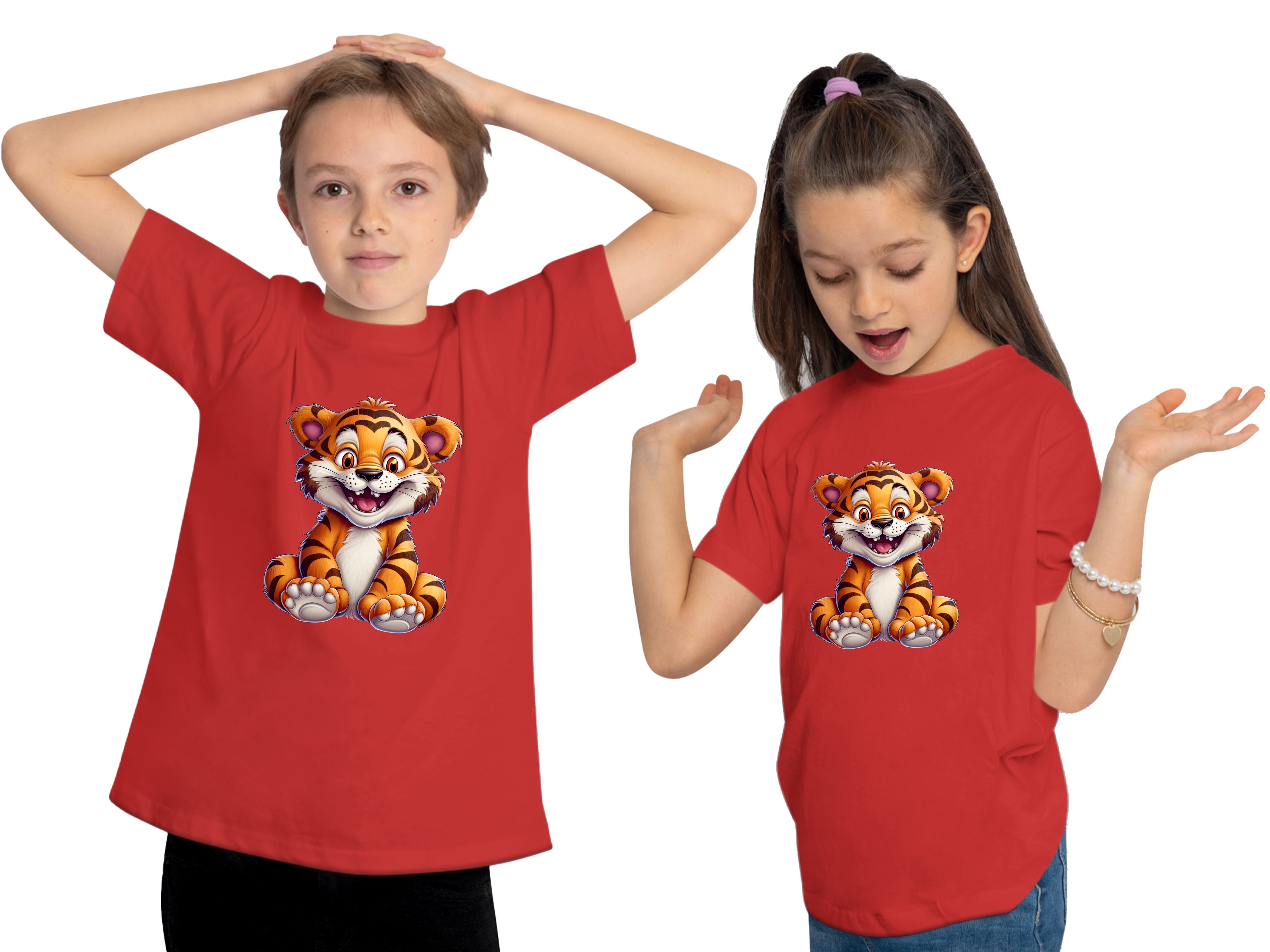 MyDesign24 Kinder Tiger mit Print Baby rot i278 Wildtier - Aufdruck, Shirt bedruckt Baumwollshirt T-Shirt