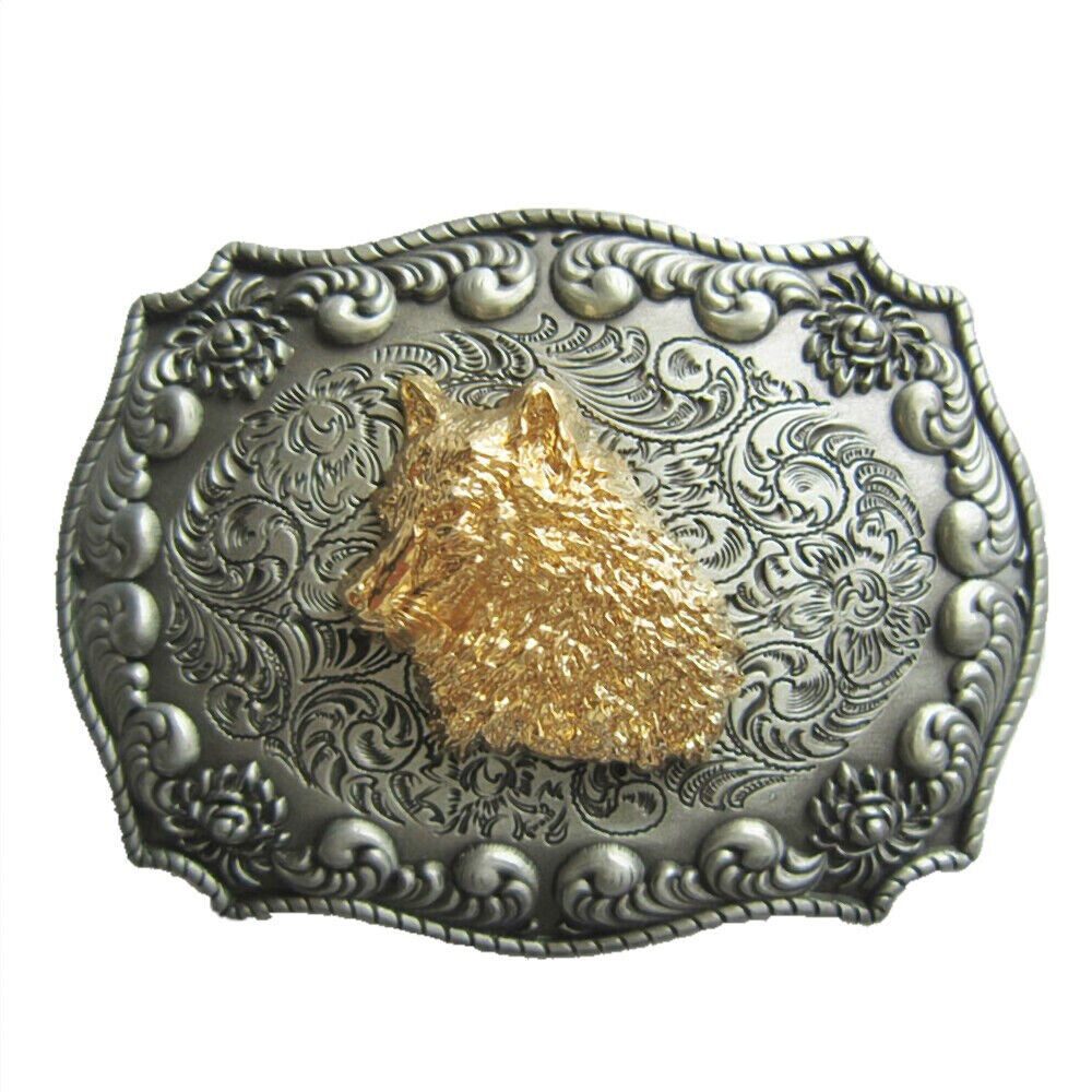 Westernlifestyle Gürtelschnalle Goldener Wolf Gürtelschnalle Western 3D Optik für Wechselgürtel Gürtel