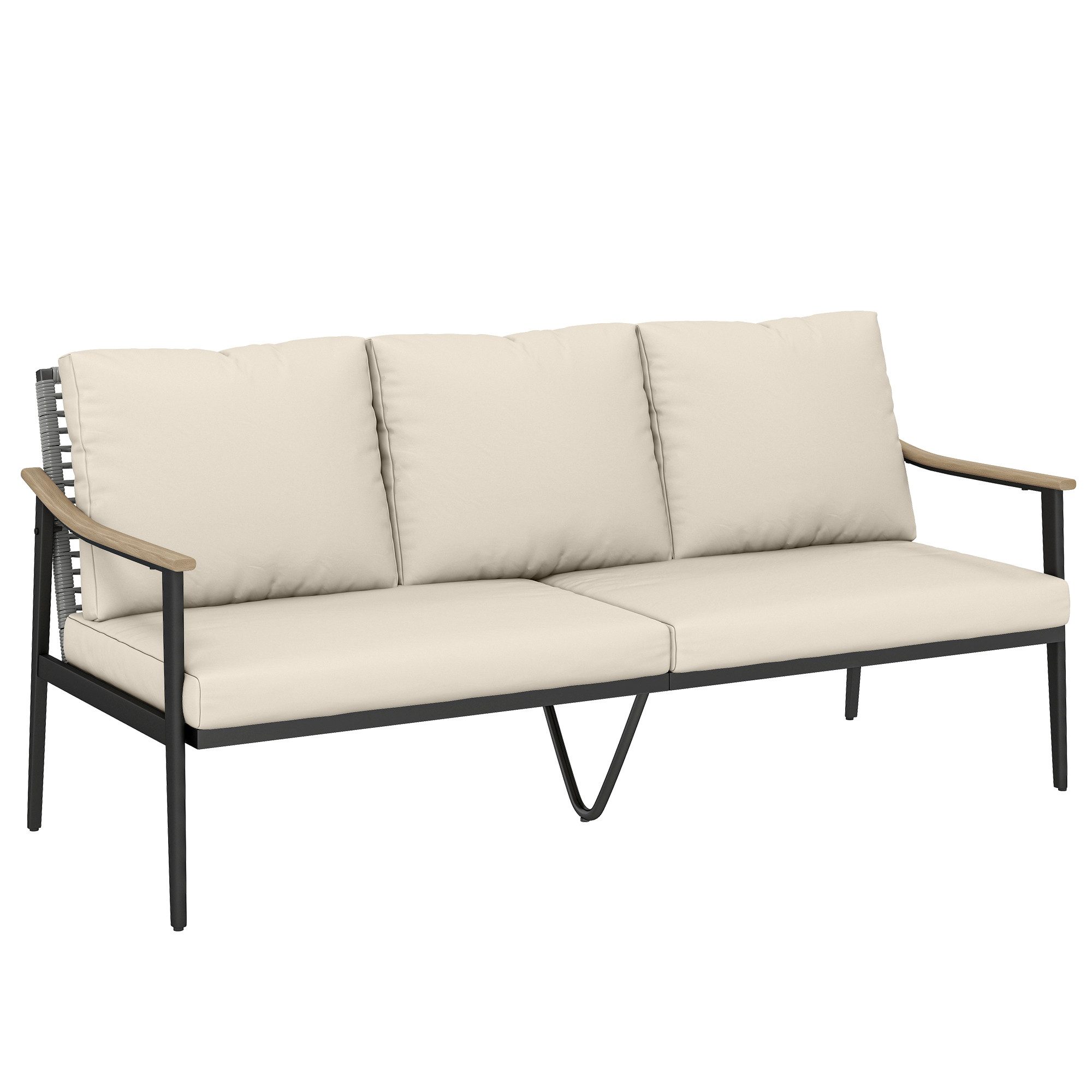 MC Star Gartensofa Gartensofa 3-Sitzer Rattan Loungesofa, mit abnehmbar Kissen Holzoptik-Armlehnen Stahlrahmen Khaki