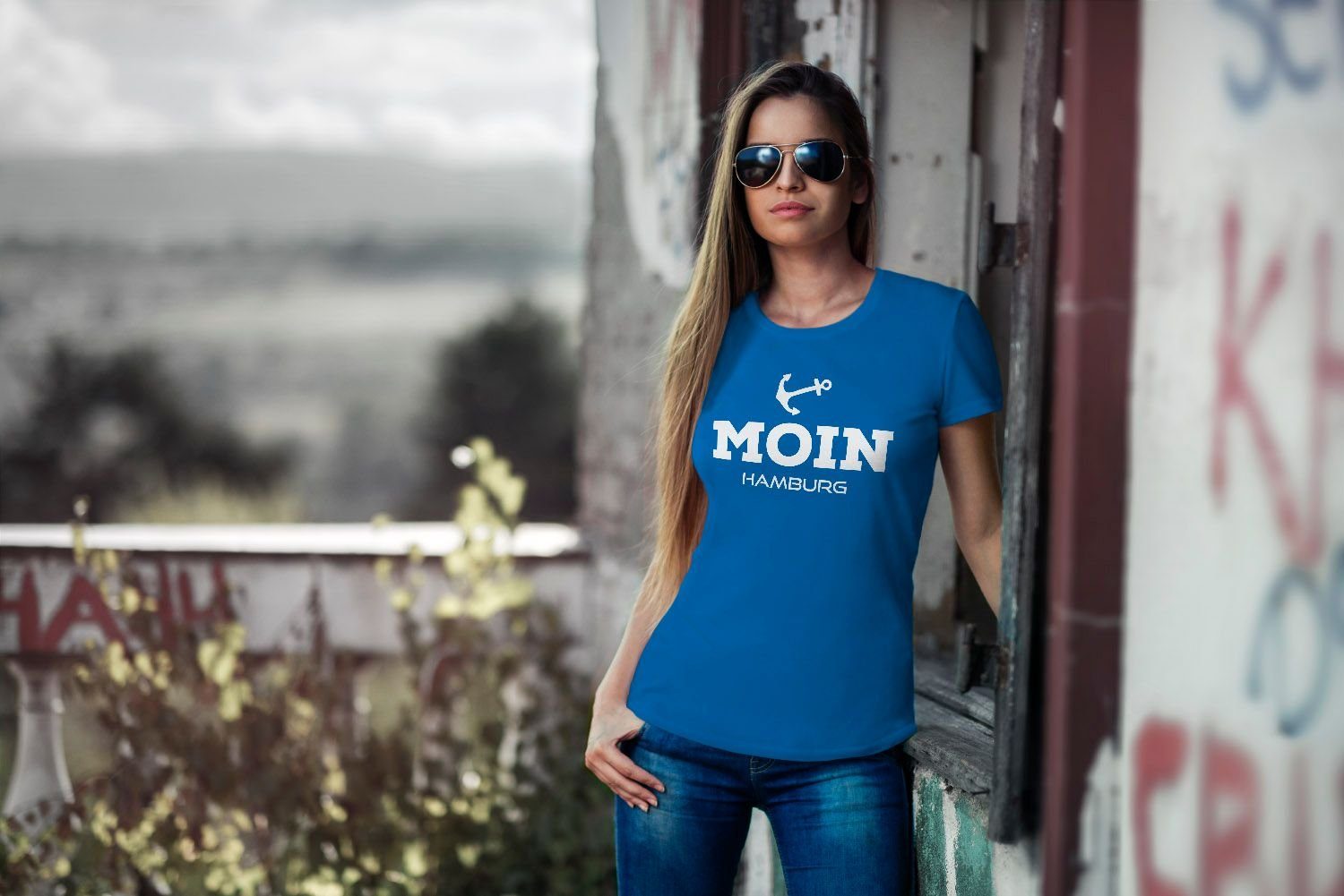 Moin Print Damen maritime MoonWorks Hamburg mit Anker Print-Shirt blau Moonworks® Fit Damen Slim T-Shirt