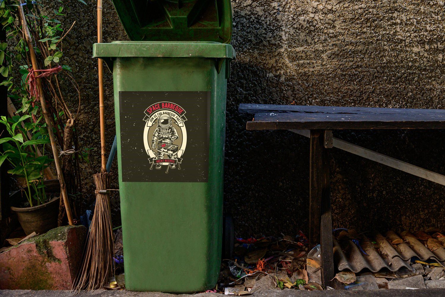 BBQ Jahrgang Astronaut Mülltonne, MuchoWow Mülleimer-aufkleber, Wandsticker Container, - Abfalbehälter St), - (1 Sticker,