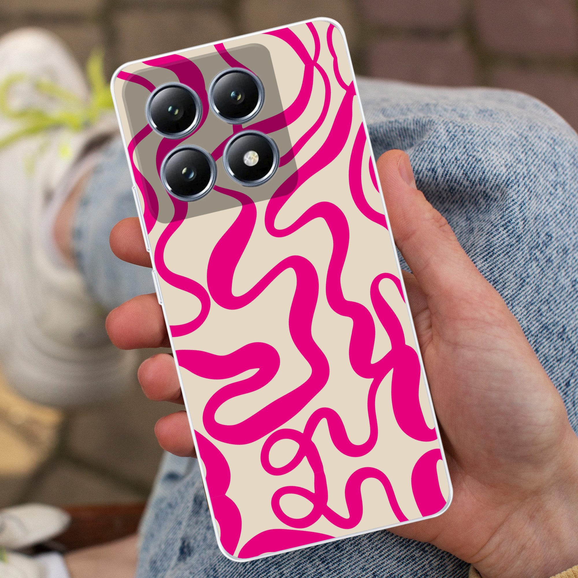 MuchoWow Handyhülle für Xiaomi 14T Linien - Rosa - Beige - Abstrakt - Minimalistisch, Handy Case, Silikon, Bumper Case Dünn