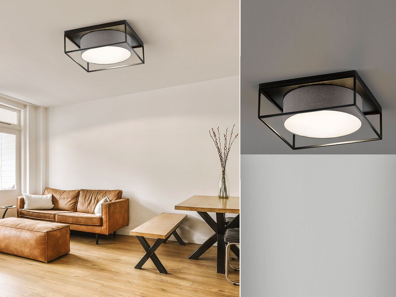 FISCHER & HONSEL LED Deckenleuchte, Dimmfunktion, LED wechselbar, Warmweiß, quadratisch 50x50cm groß, Schwarz mit Lampenschirm Leinen-Stoff Grau