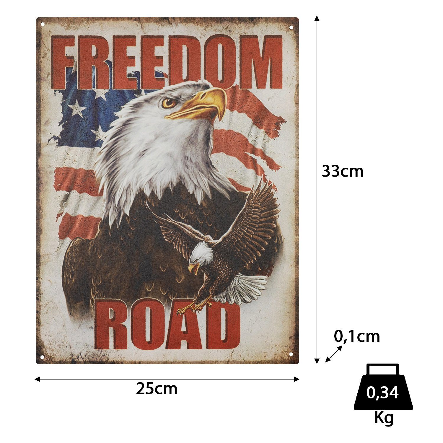 Moritz Metallschild Blechschild Freedom Road Adler Eagle USA, (Einzeln), 25 x 33 cm Vintage Retro Deko Schild Metallschild Wandbild Schild