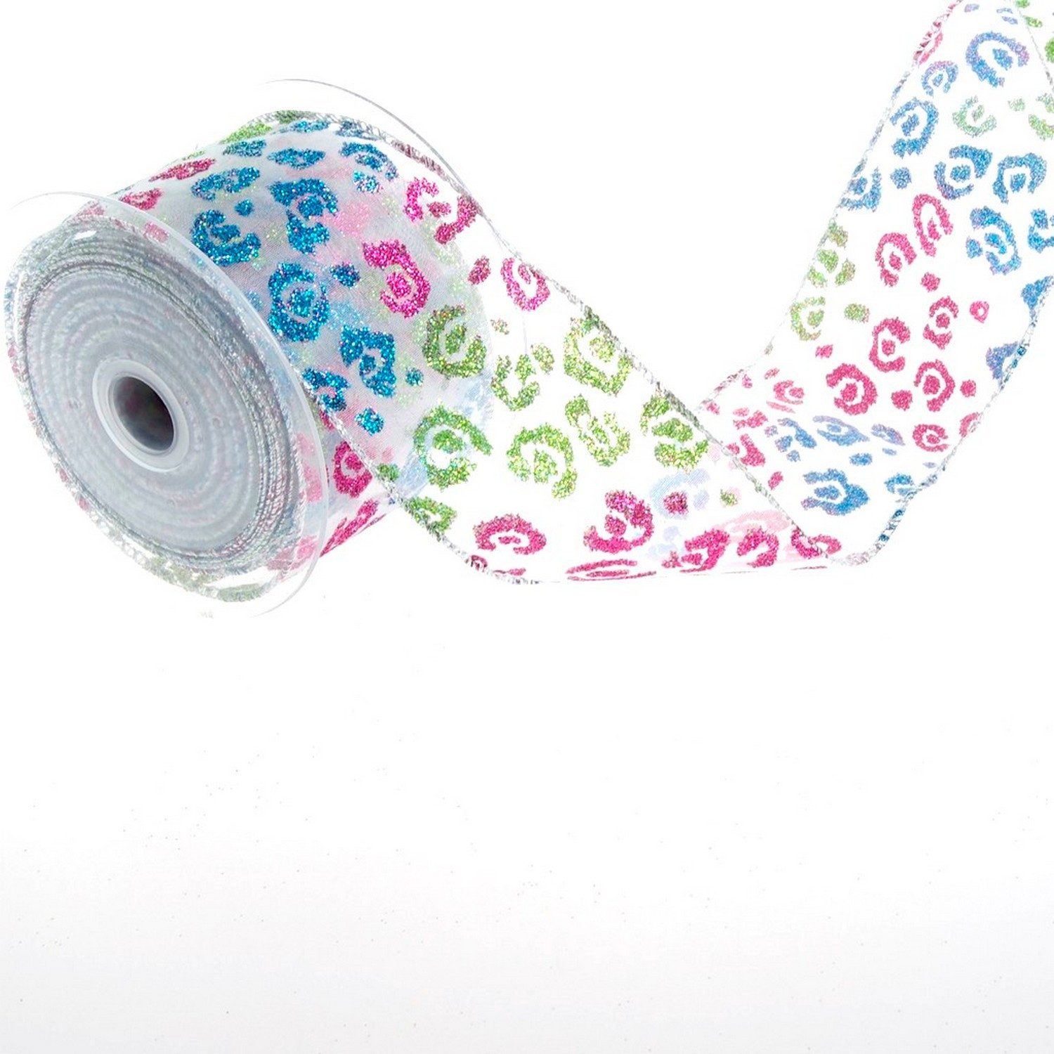 Deko AS Dekoband Organzaband "Crazy Iceflowers" - türkis, pink, grün - 65mm - 10m - 90, mit Drahtkante