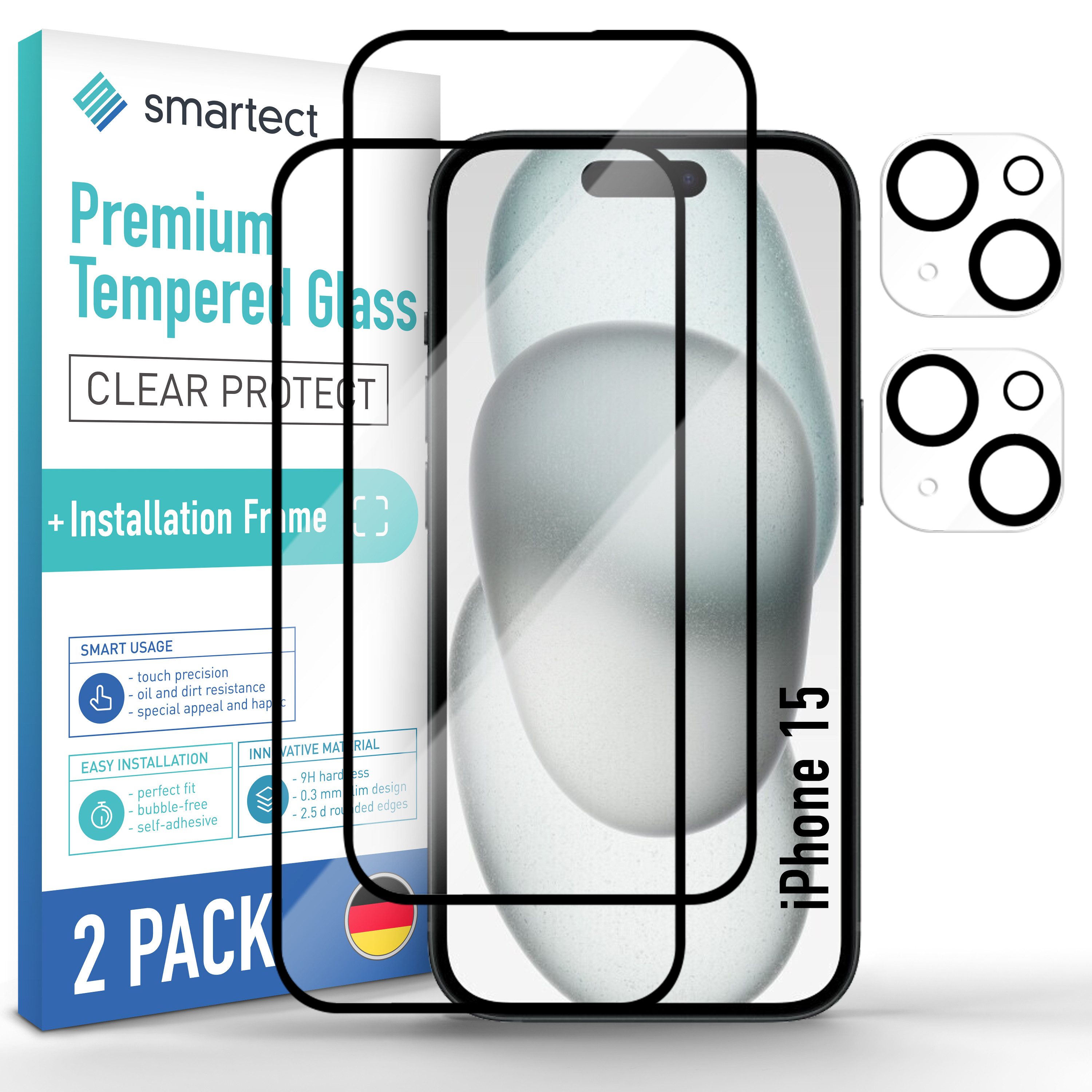 smartect Displayschutzglas Schutzglas Panzerfolie Full Screen für iPhone 15, Set, 2 Stück, (Display + Kamera) Schutzfolie inkl. Anbringhilfe