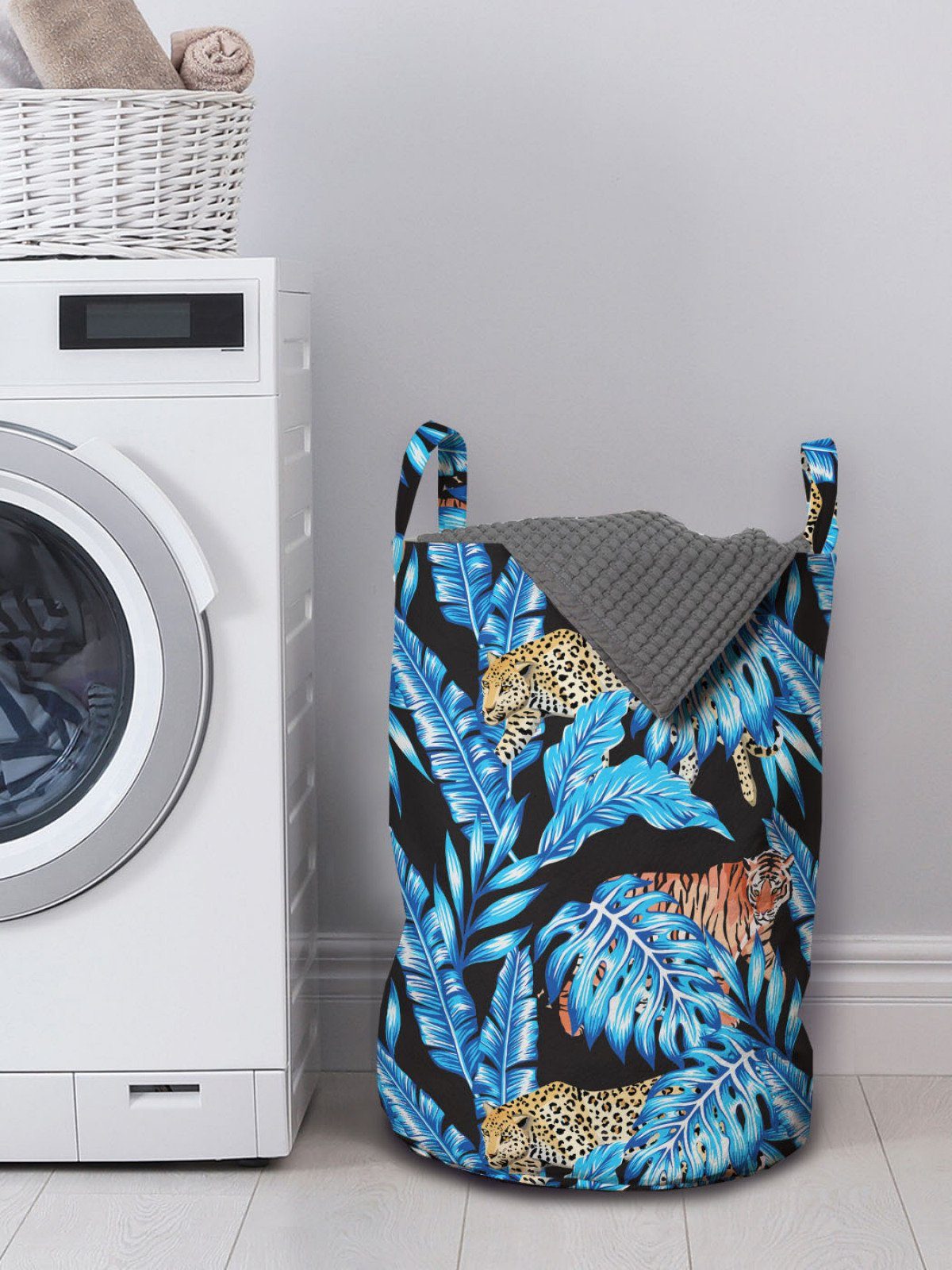 mit Blaue tropische Griffen Hawaii Jaguar Blätter Wäschekorb Abakuhaus Wäschesäckchen für Waschsalons, Kordelzugverschluss