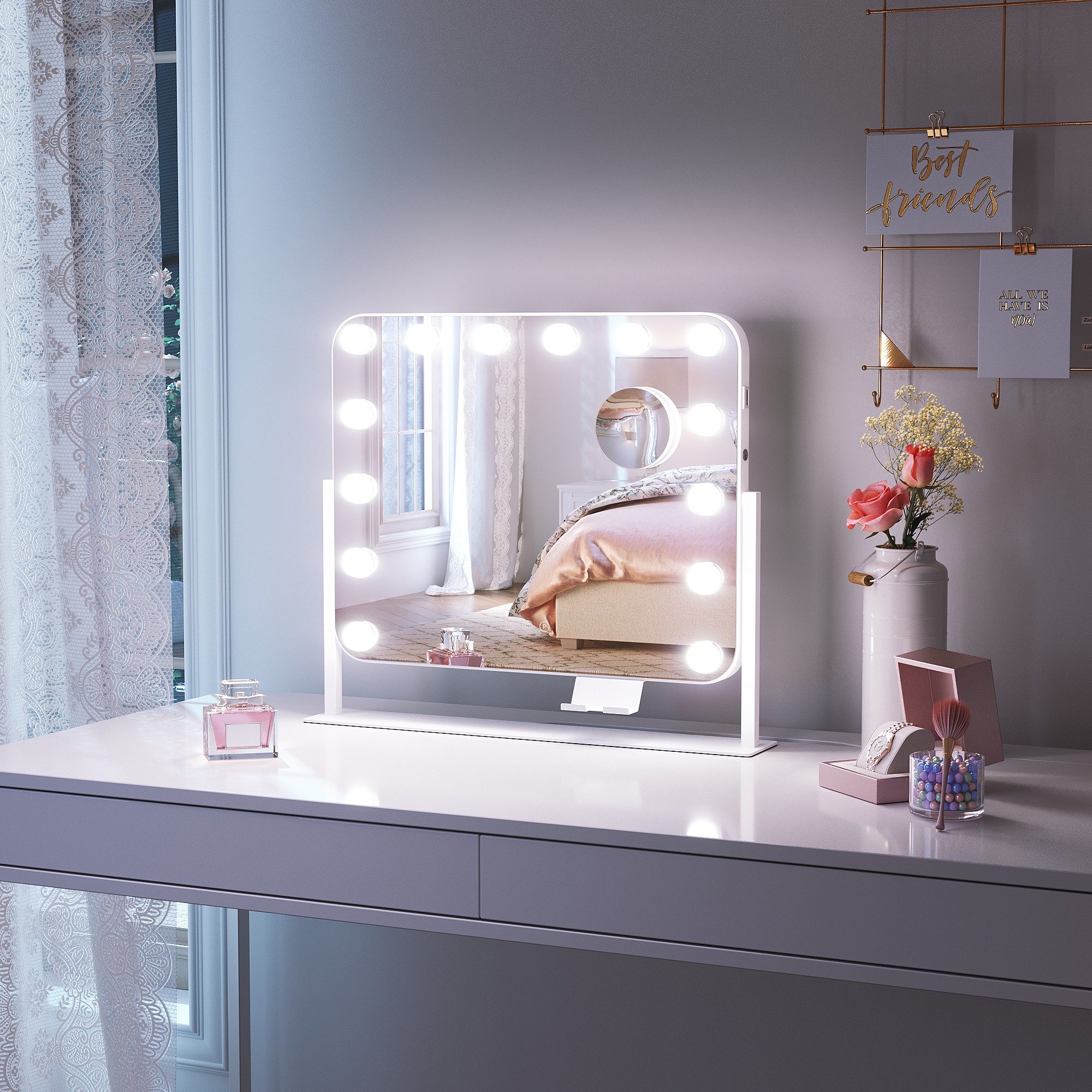 SONNI Schminkspiegel LED-Schminkspiegel mit 10-facher Lupe und Mobiltelefonhalterung, 55X47cm