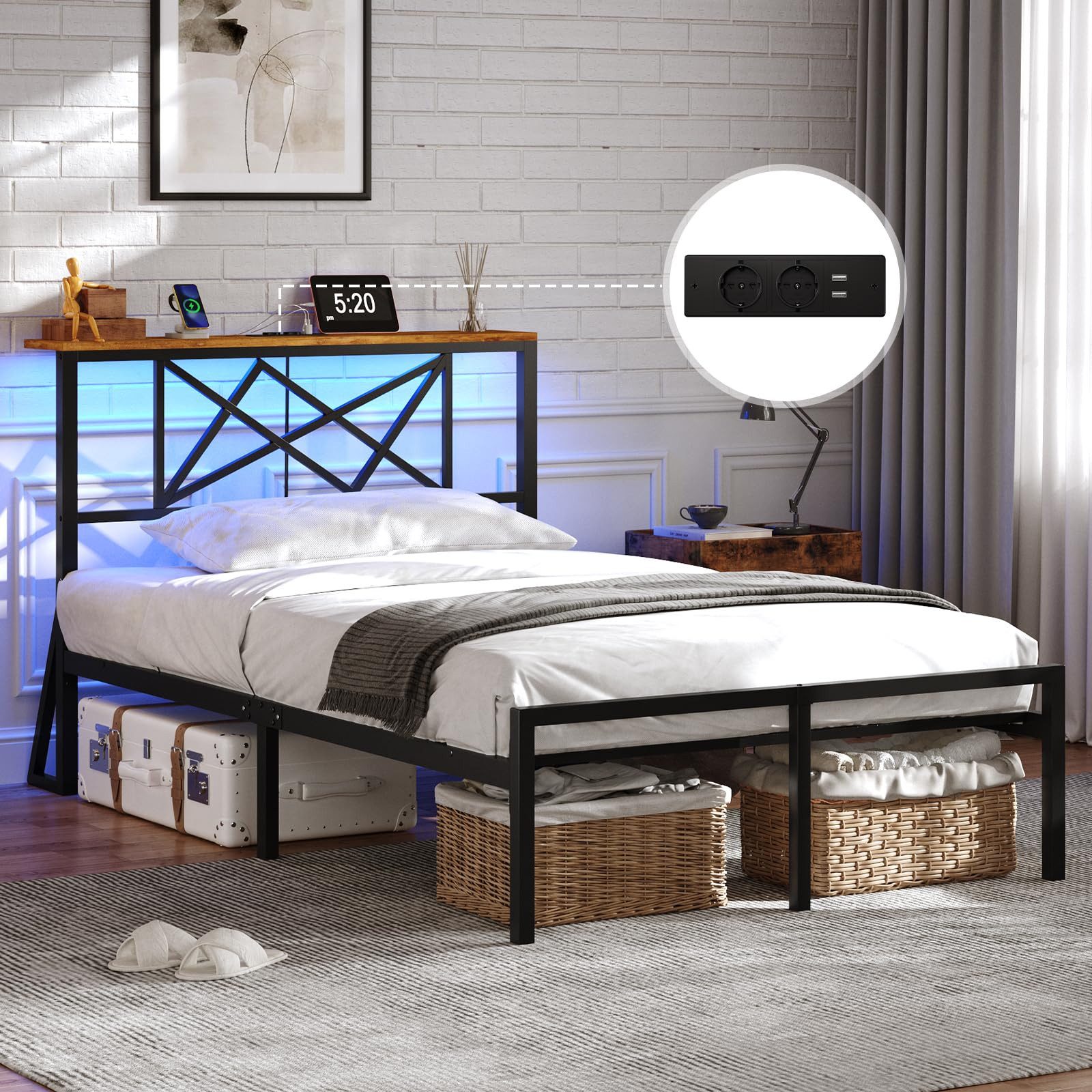 MSMASK Metallbett mit LED-Beleuchtung, Steckdose und 2 USB-Anschlüssen (Ohne Matratze), Bettgestell 90x200 cm in Braun mit Metall-Lattenrost