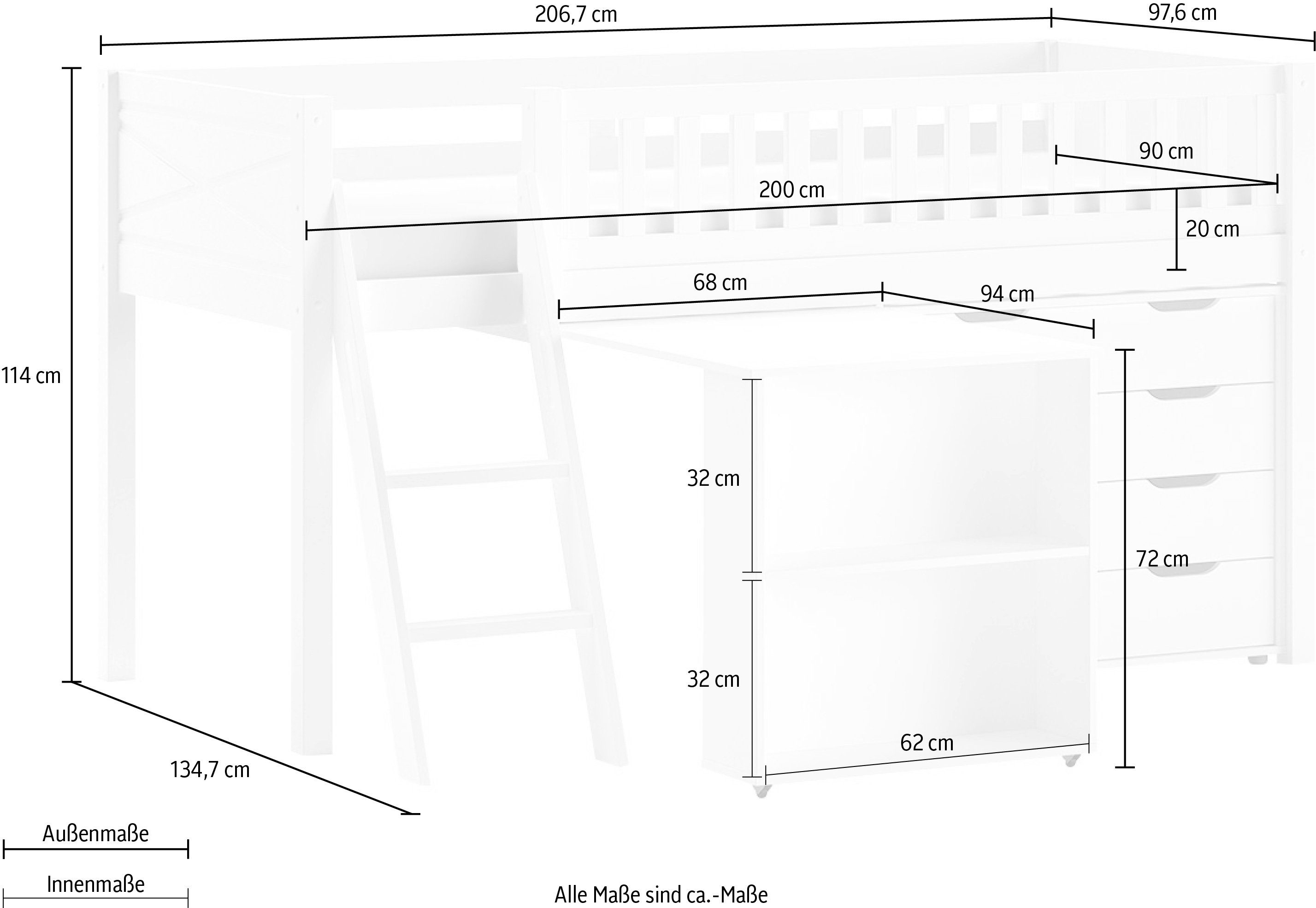 Vipack Spielbett, mit viel auf cm, 90x200 weiß Kiefer LF lackiert Funktion Raum, kleinem