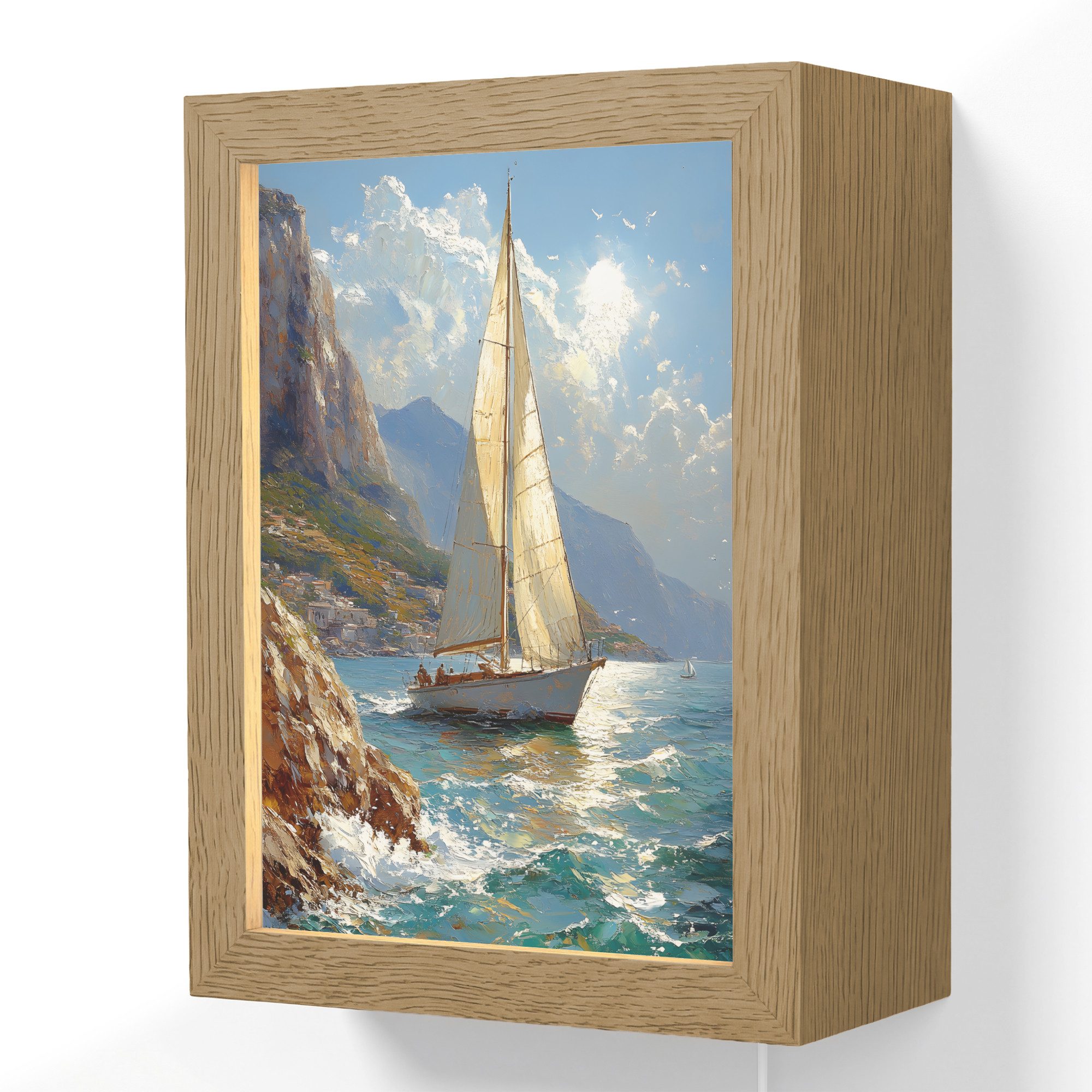 OnlyWow Wandleuchte Lightbox Segelschiff - Meer - Felsen - Wolken, Dimmbar, Farbwechsel, LED, Warmweiß, Kaltweiß, Neutralweiß Einstellbar, Wandlampe Innen, Dimmbar, mit Kabel, LED, Beleuchtung, Wohnzimmer