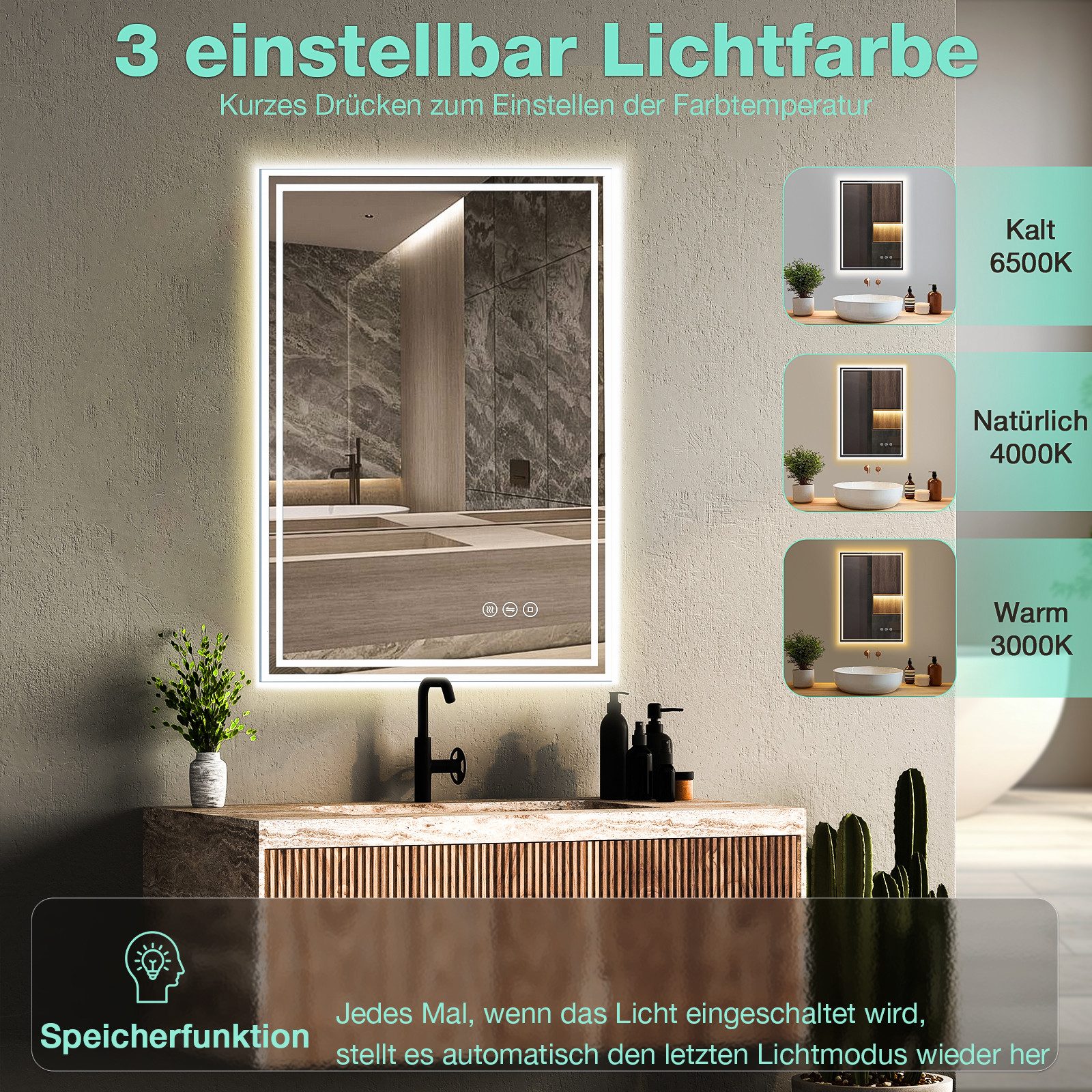 GIMBELEN Badspiegel Badezimmerspiegel mit LED-Beleuchtung, Touchschalter, IP44-Schutz (1-St), 50x70 cm, 3 Lichtfarben, dimmbar, Anti-beschlag – Bild 3 von 5