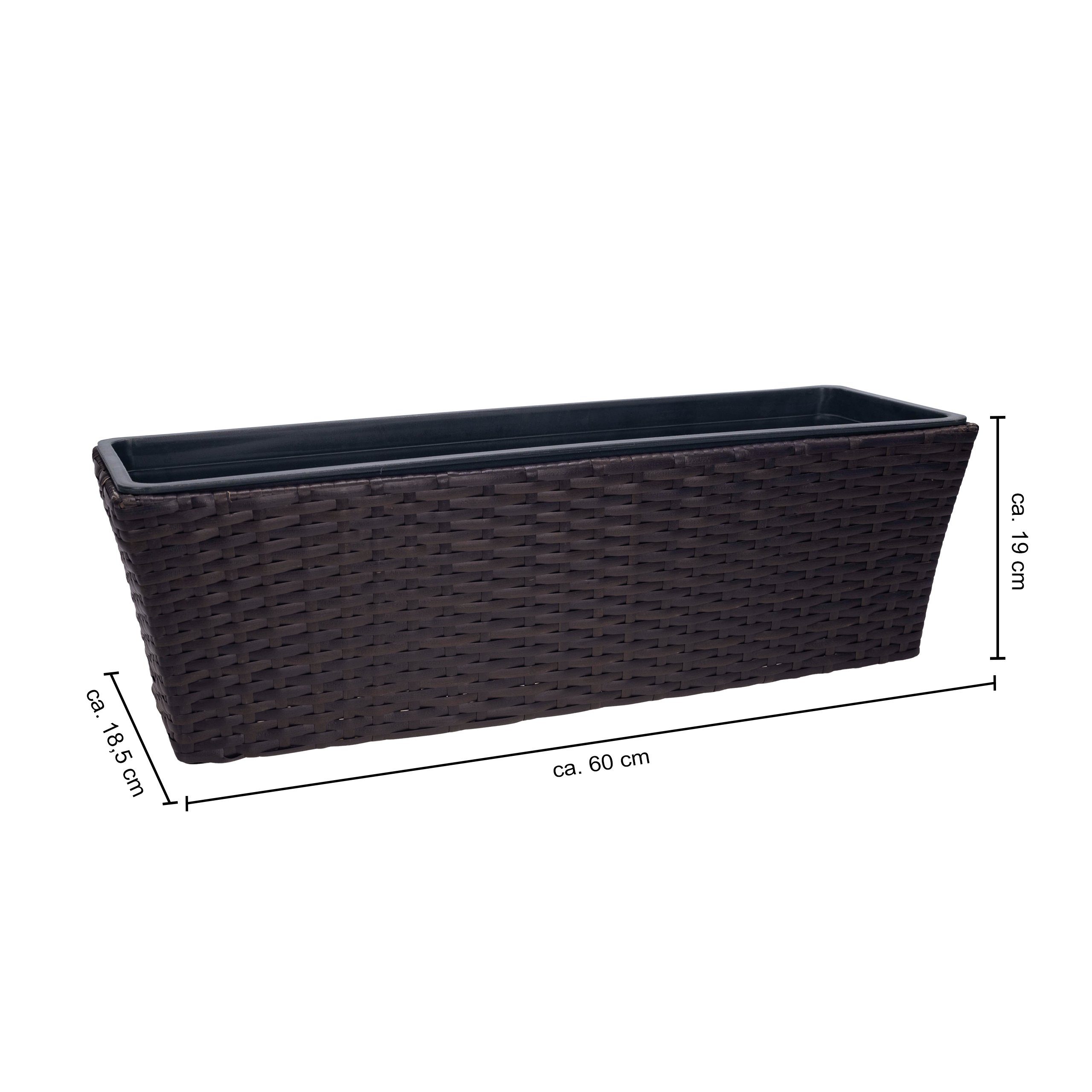 kamelshopping Balkonkasten Balkonkasten mit Halterung in Rattan-Optik, ca. 60 cm breit (1 St), ca. 11 Liter Fassungsvolumen, ohne Wasserspeicher, inkl. Pflanzschale