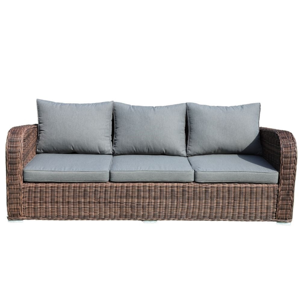 LebensWohnArt Loungesofa 3er Lounge Sofa VITA rundes Polyrattan Natural-Brown Gartenmöbel