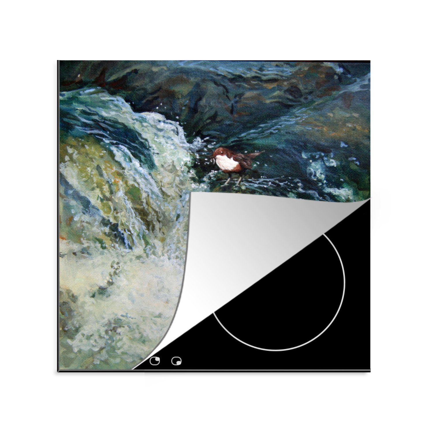 MuchoWow Herdblende-/Abdeckplatte Ölgemälde Der Vogel und der Wasserfall, Vinyl, (1 tlg), 78x78 cm, Ceranfeldabdeckung, Arbeitsplatte für küche
