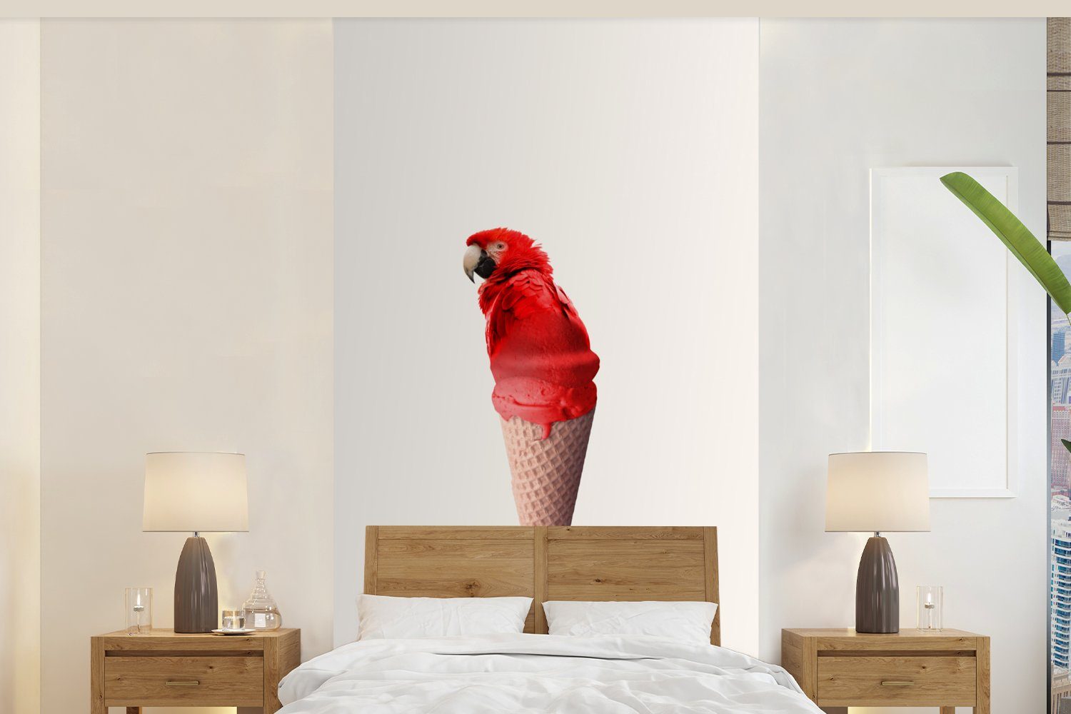 MuchoWow Fototapete Eiscreme - Papagei - Rot - Eistüten - Weiß, Matt, bedruckt, (2 St), Vliestapete für Wohnzimmer Schlafzimmer Küche, Fototapete
