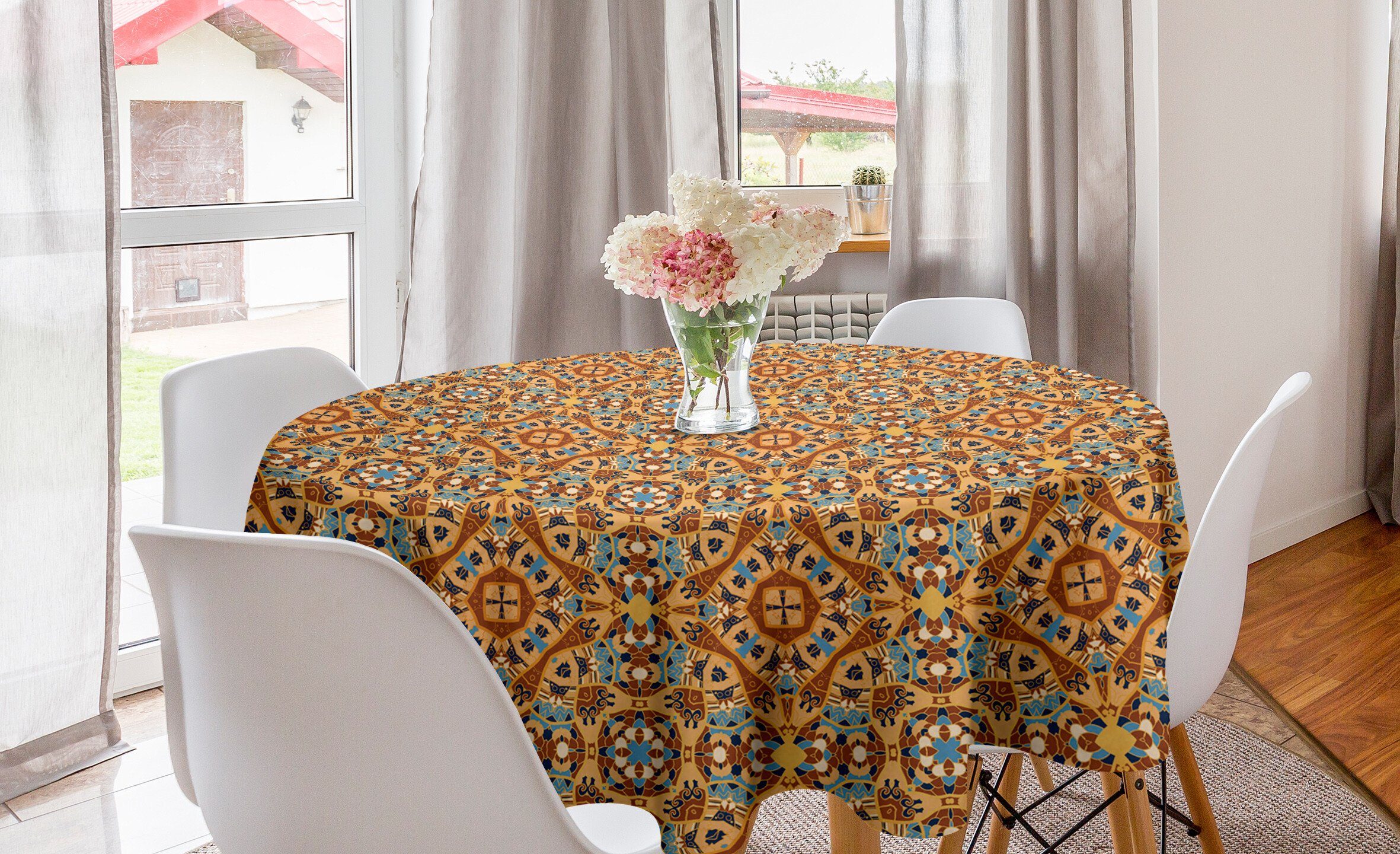 Abakuhaus Tischdecke Kreis Tischdecke Abdeckung für Esszimmer Küche Dekoration, Orange Mandala Bohemian Druck