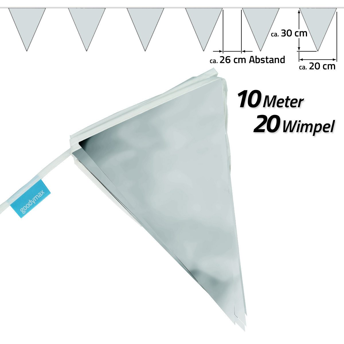 Goodymax Hängedekoration Wimpelkette 10 m Silber Silberne Hochzeit Silberhochzeit Jubiläum (20 Wimpel a 20 x 30 cm), metalisch glänzend Wimpel Girlande Fähnchen