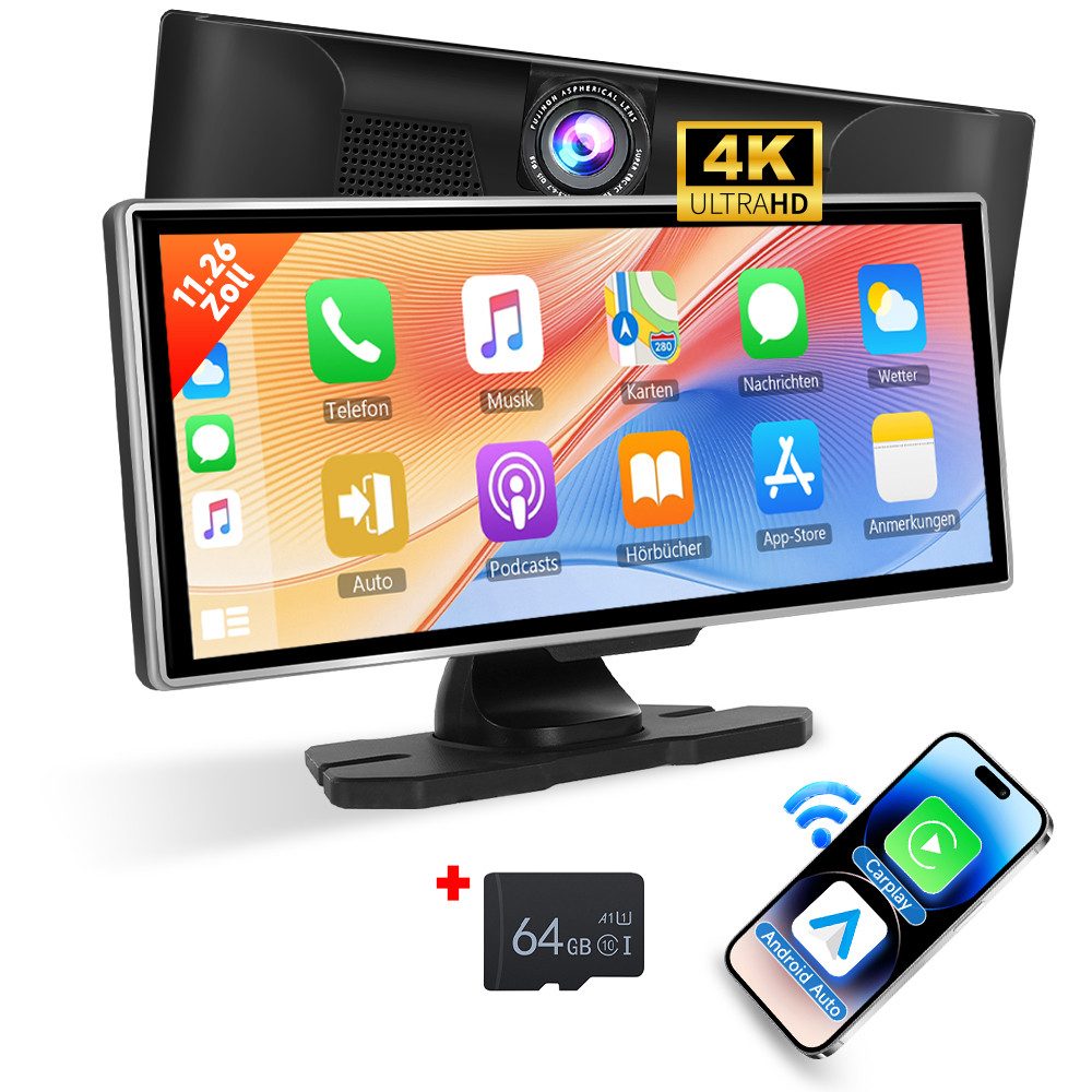 11,26 Zoll Wireless CarPlay & Android Auto mit 4K DVR & Bluetooth Navigationsgerät