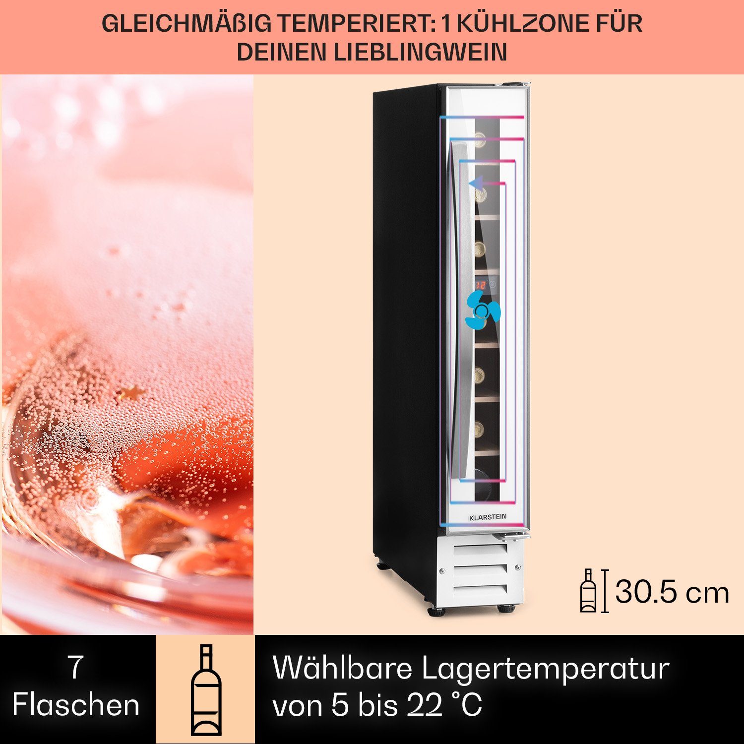 Klarstein Weinkühlschrank Vinovilla, für 7 Standardflaschen á 0,75l,Wein Flaschenkühlschrank Weintemperierschrank Weinschrank Kühlschrank