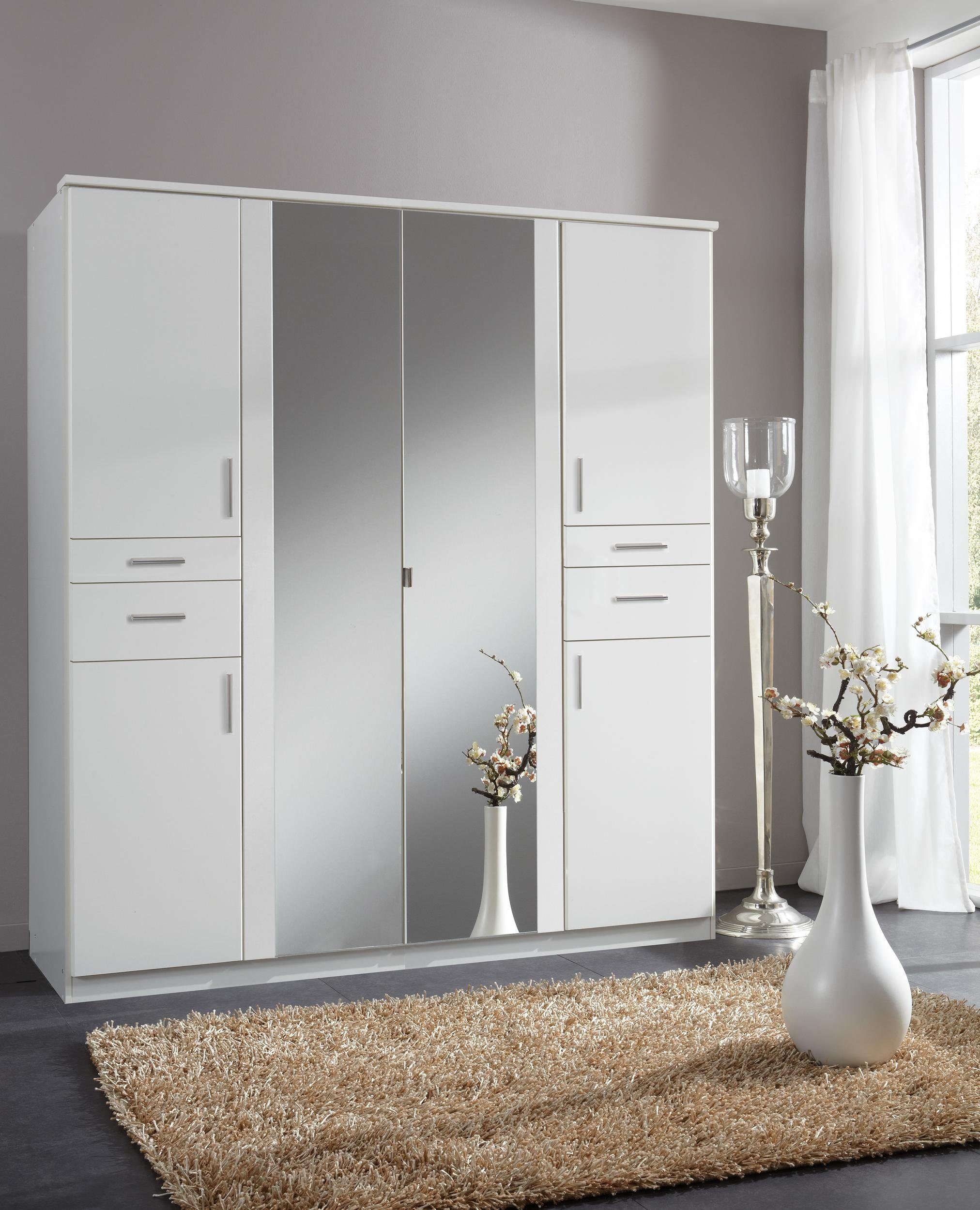 aus Drehtürenschrank 5-türig, Modern viel (Kleiderschrank, Weiß Stauraum Spiegel, Design, Embu Holzwerkstoff, mit Schubladen, Mehrzweckschrank) mit Stylefy