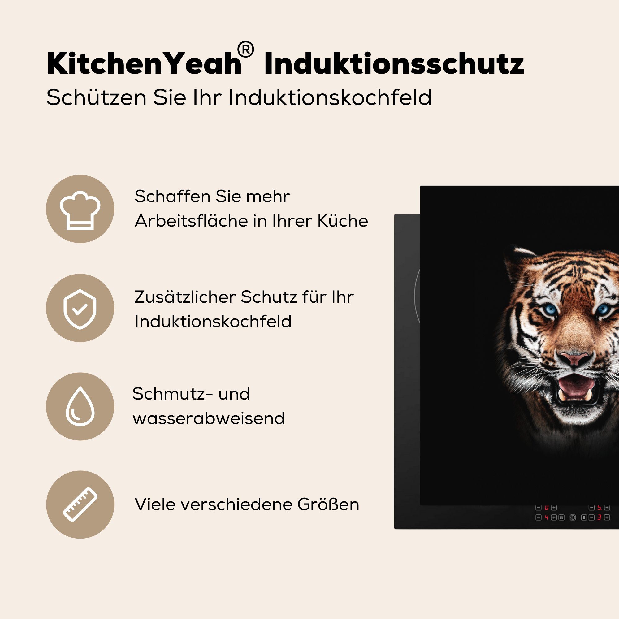 MuchoWow Herdblende-/Abdeckplatte - Schwarz, Tiger tlg), cm, Tiere (1 für küche 78x78 Vinyl, Arbeitsplatte Ceranfeldabdeckung, 