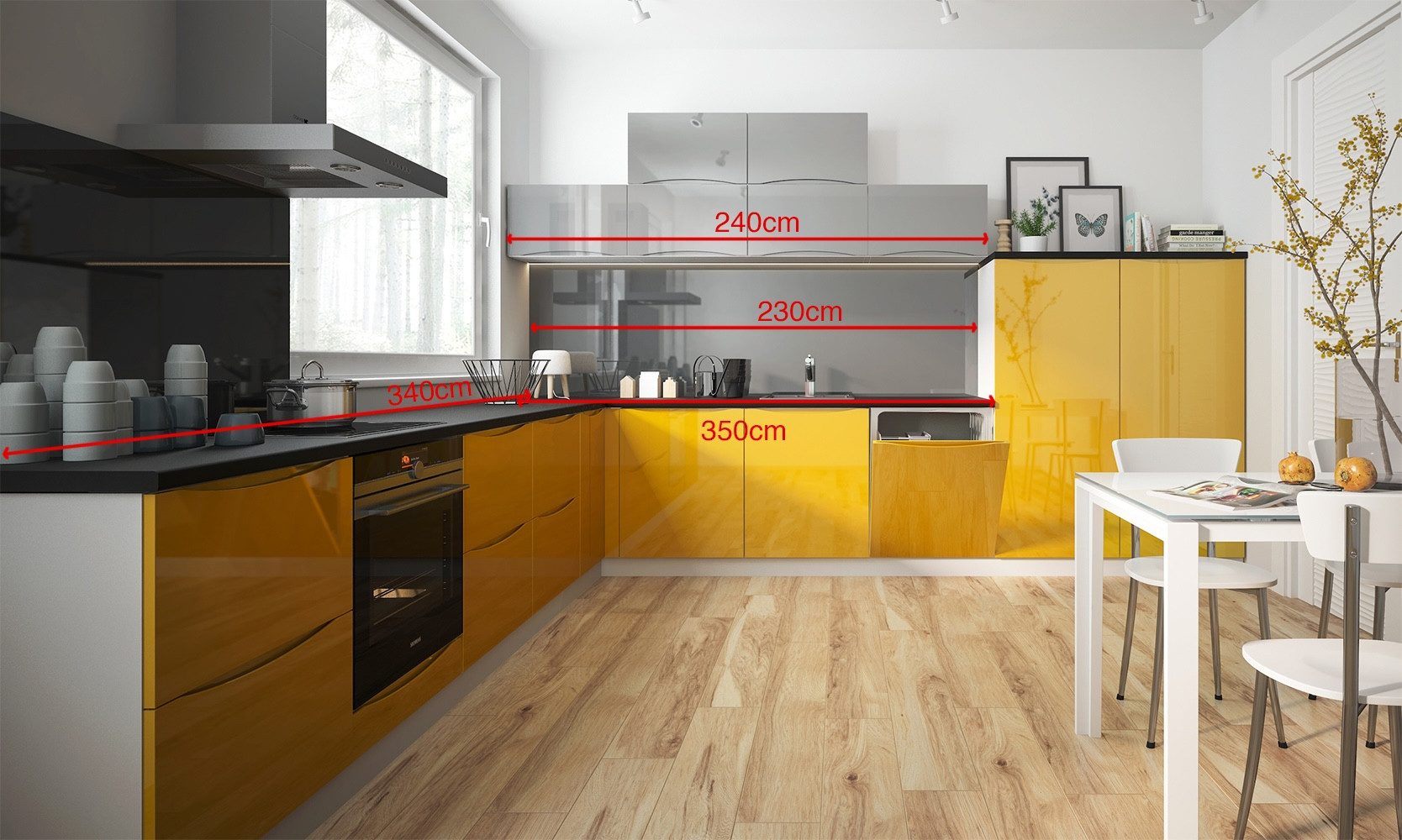 Feldmann-Wohnen Winkelküche Napoli, (Napoli), 340cm weiß matt/RAL 7035 lichtgrau Hochgl + RAL 1021 rapsgelb Hochgl