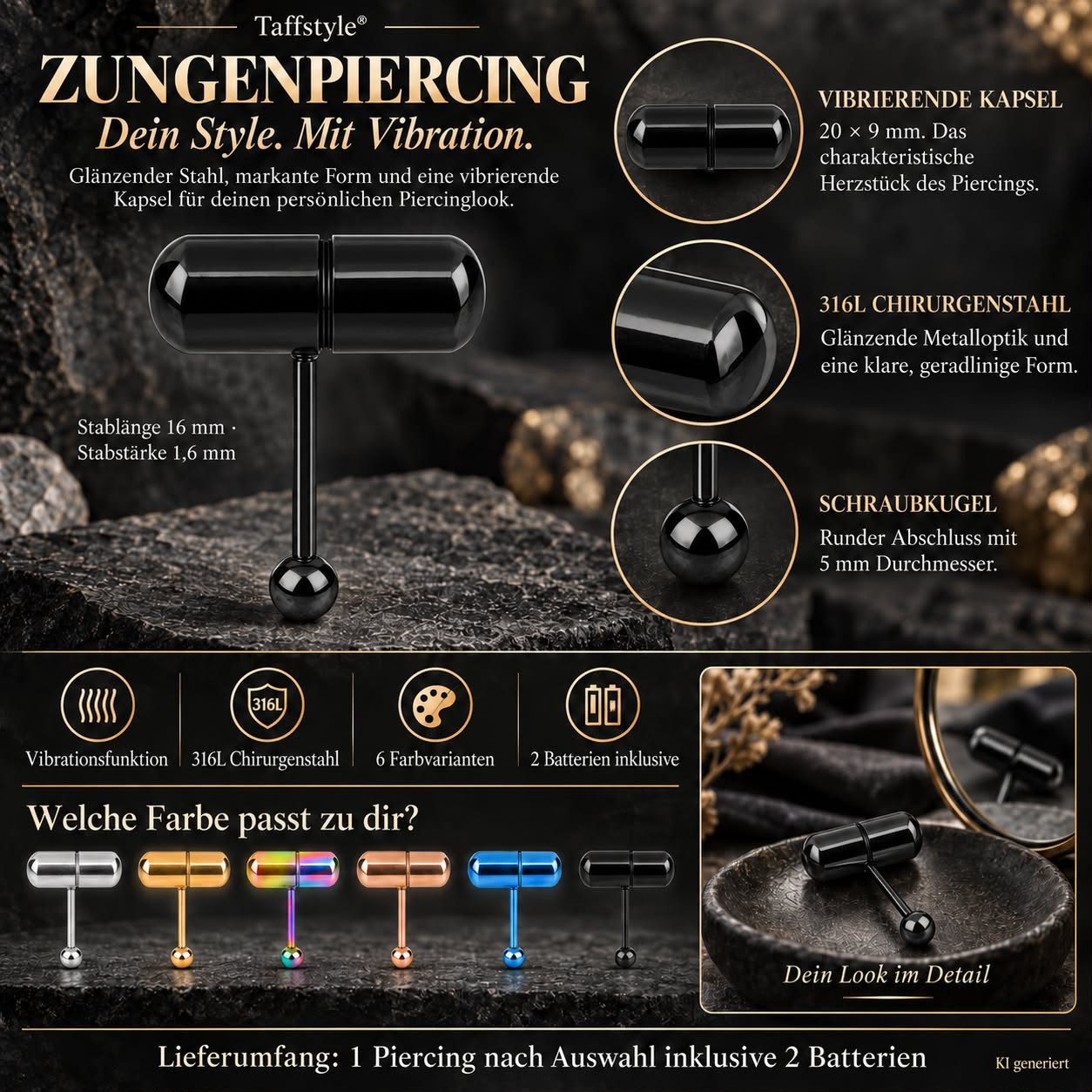Taffstyle Intimpiercing Zungenpiercing Barbell Oral Intimpiercing mit Vibrationskapsel Unisex (Fun Piercing für Zunge und Intim mit 2 Batterien direkt einsatzbe – Bild 5 von 5