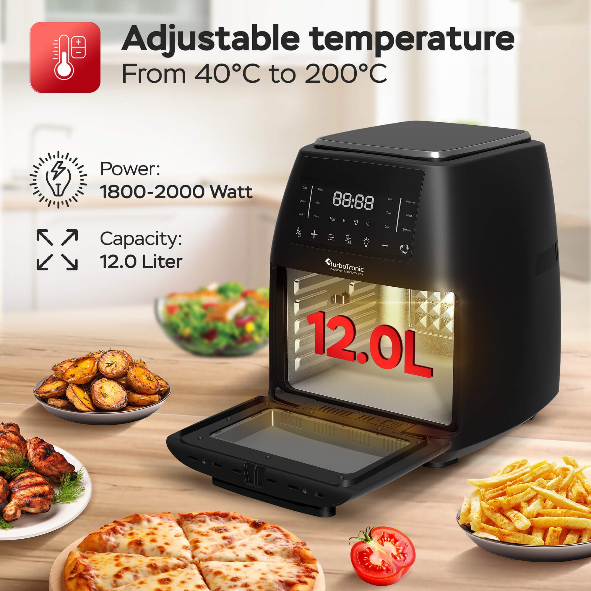 TurboTronic by Z-Line Heißluftfritteuse Airchef Pro XXL 12L Friteuse 1/2kg Pommes mit Drehkorb & Drehpieß, 2000 W