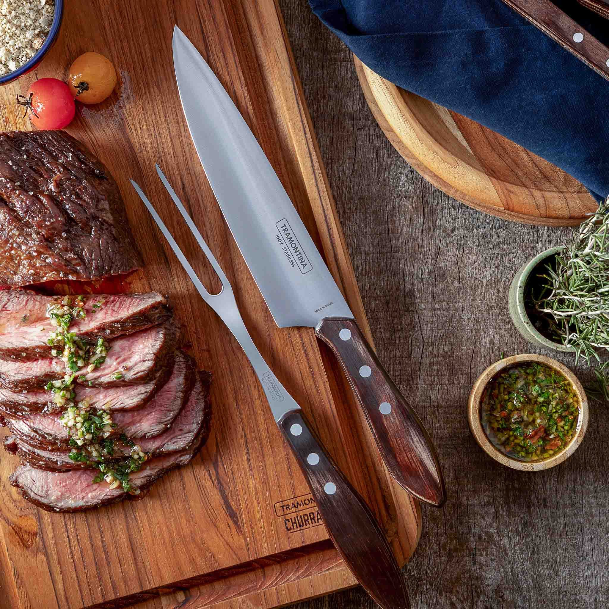 Tramontina Tranchierbesteck CHURRASCO 2-teiliges Set - rostfreier Edelstahl, Holzgriff, rostfrei, FSC-zertifiziert, spülmaschinenfest