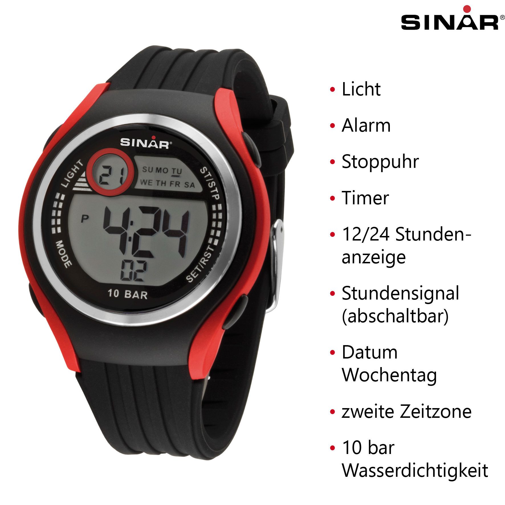 SINAR Digitaluhr XF-66 Jugenduhr Sportuhr Silikonband 10 bar, digital sportlich modern Geschenkidee Jugend Ø 44 mm