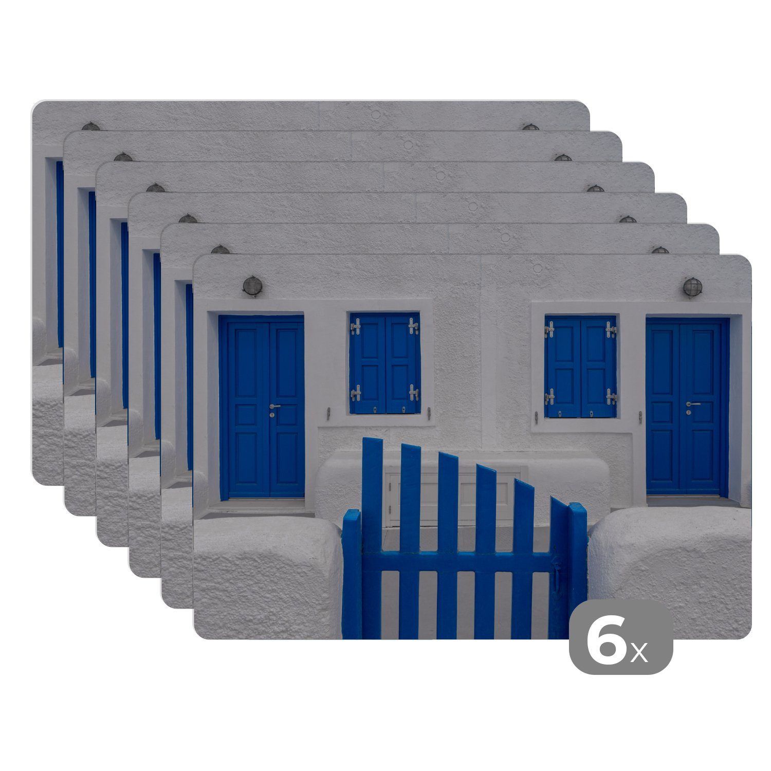 Platzset, Blau Platzset, Architektur Haus Schmutzabweisend Weiß, - MuchoWow, Tischmatten, Platzmatte, (6-St), Platzdecken, - -