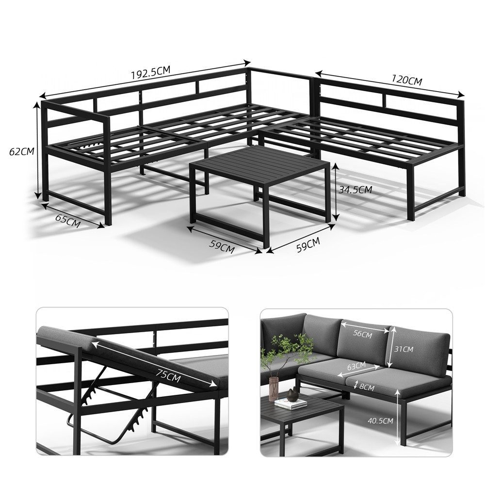 Mucola Gartenlounge-Set Ecksofa Aluminium mit Liegefunktion & Loungetisch wetterfest, (Gartenlounge-Set, 3-tlg., 3-teiliges Gartenlounge-Set), verstellbare Sitzfläche, Liegefunktion, Aluminiumgestell