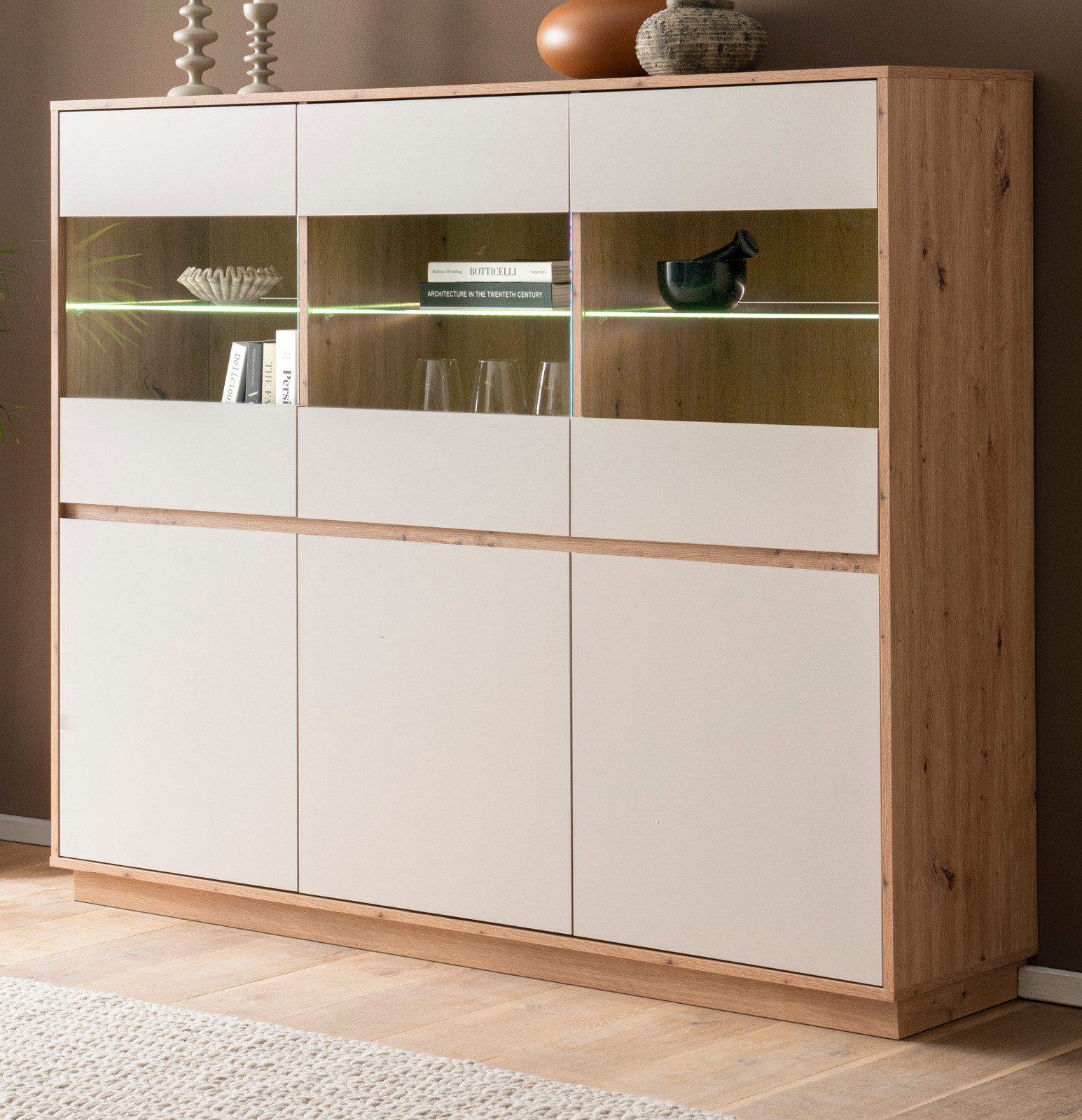 Furn.Design Highboard Kiruma (Schrank in Kaschmir / Sand und Artisan Eiche, 6-türig, 164 x 138 cm), mit 15 Fächern, Soft-Close-Funktion