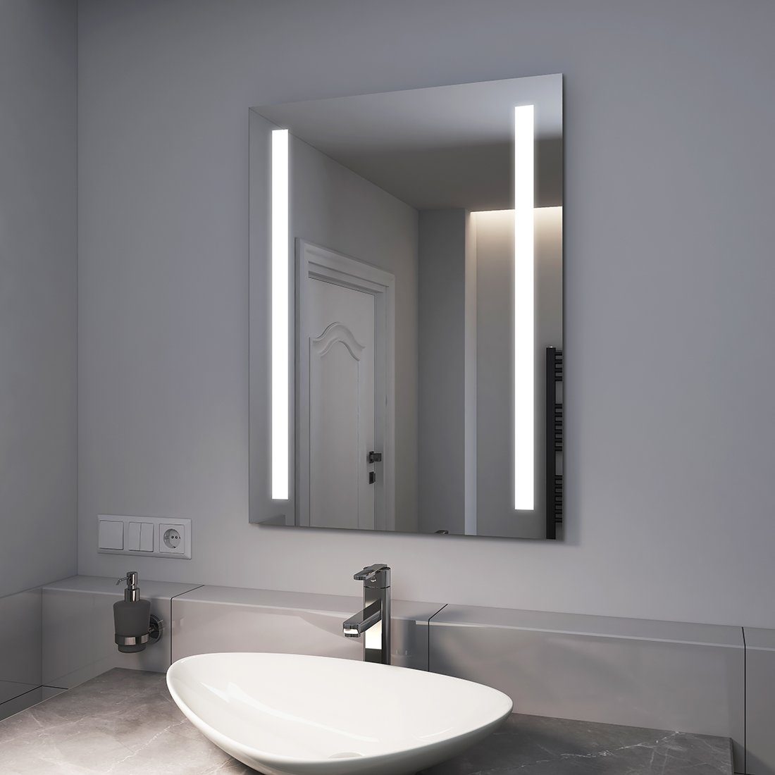 EMKE Badspiegel LED Wandspiegel mit Beleuchtung Modell 01 (Wandschalter Steurung), mit Warmweiß oder kaltweiß Beleuchtung IP44 Höhe 60~80cm